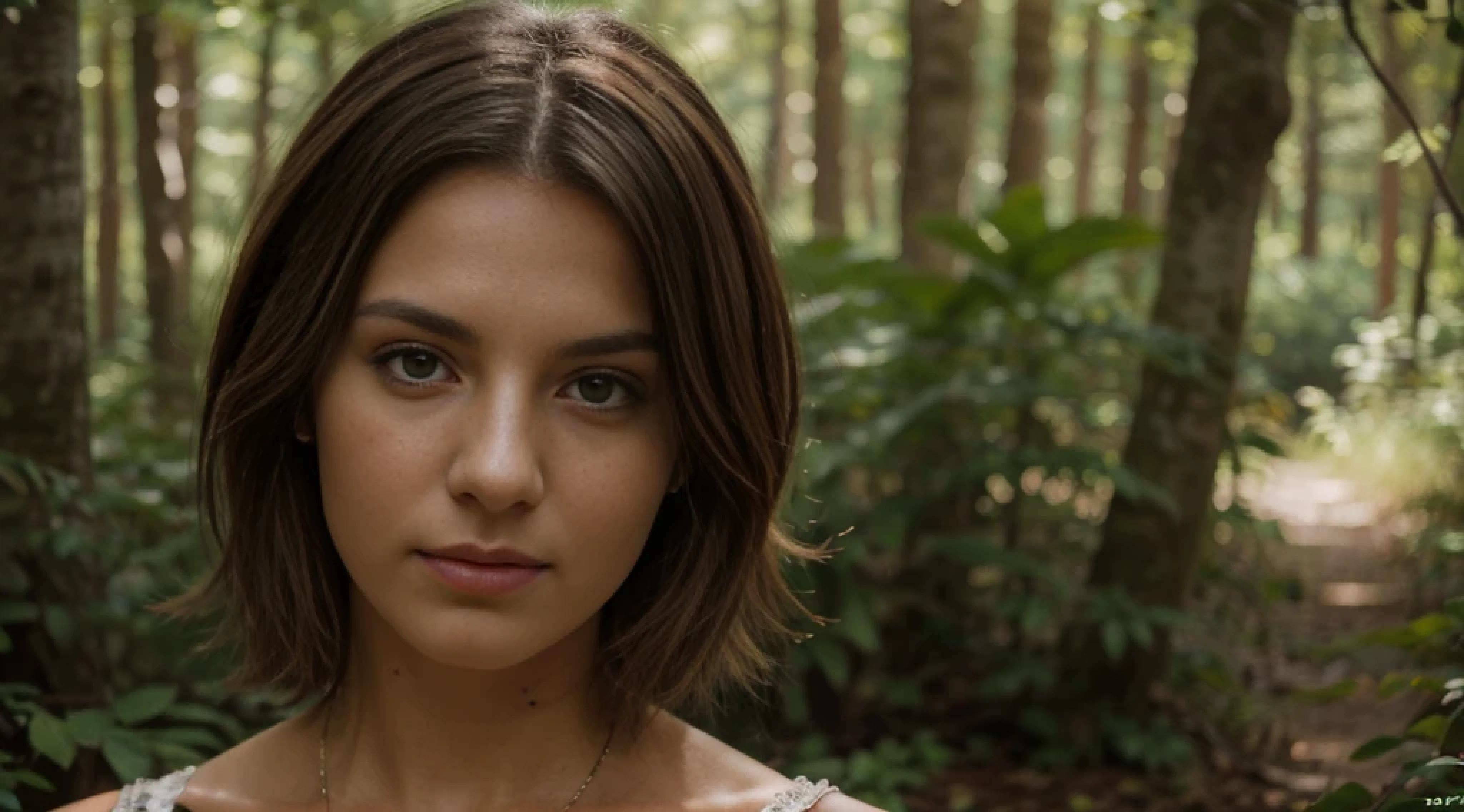 (((hd closeup photo))), one standing Flavia Lucetta looking at camera, 25 years old, in forest