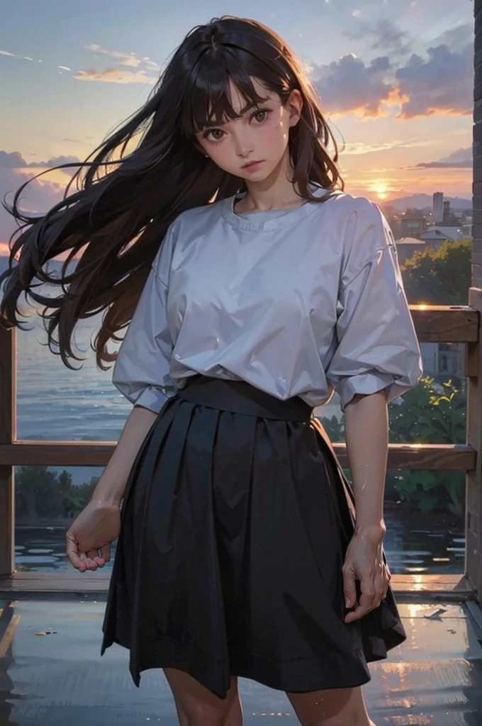 (FULL BODYSHOT、an oil painting、masterpiece、top-quality、hight resolution、Dark hair、Super long hair、Bangs are aligned、Bad mood、Blue shirt、Black skirt、Sweaty skin、Sunset sky、Thick