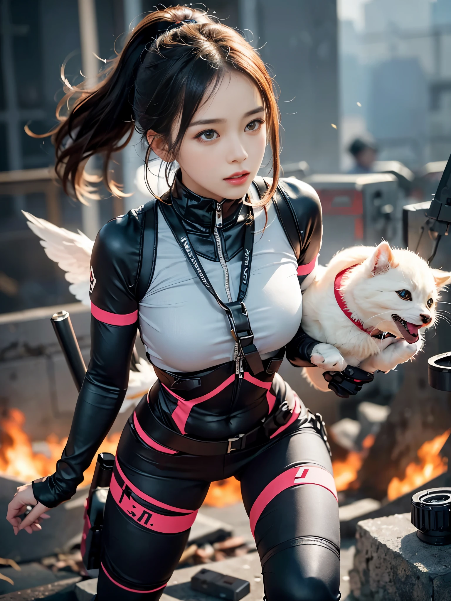 (1girl in:1.3), Solo, (((Very detailed face)))), ((Very detailed eyes and face)))), Beautiful detail eyes, Body parts__, Official art, Unified 8K Wallpaper, Beautiful and beautiful, Beautiful, masutepiece, Best Quality, Original, masutepiece, Super Fine Photo, Best Quality, 超A high resolution, Realistic realism, Sunlight, Full body portrait, Amazing beauty, Dynamic Pose, Delicate face, (Bright eyes from the front), She wears a combat suit, black with one -point red color scheme, women military uniform, Very detailed abandoned warehouse background, Detailed face, Detailed complex busy background, Messy, Gorgeous, Milky White, highly detailed skin, Realistic skin details, Visible Pore, Clear focus, Volumetric fog, 8K UHD, High quality, Film grain, Fair skin, photorealisim, Lomography, futuristic dystopian giant metropolis, Explosion smoke,emergency siren,In battle with the enemy,tense look,tense situation,Combat helicopter,Well-formed beautiful face,Oriental,Korea person,Super beautiful girl in her 10s,A girl full of spirit,Rushing through danger as a rescue worker,strong-willed woman,Strong Woman,former mercenary,fighting professional,Duties: Relief activity team leader,Clearing blue sky,A precious girl who defends the holy war with a pure heart.,Transport the minimum necessary medical equipment,Angle photo from below,Rin, the symbol of battle々Shishi Face,kawaii faces,CLC Yujin,ive Yujin,