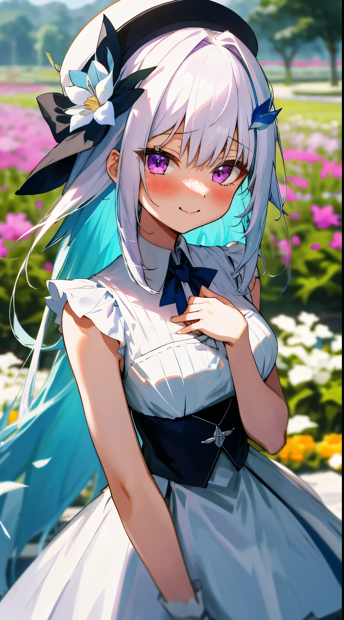 One girl with long hair, bangs, white hair, blue inner hair:1.25) , purple eyes, looking at viewer, blushing, little smile, tears, white dress, sleeveless, white hat, outdoor, flower garden, windmill, dizzy, mid-chest, day atmosphere, hair ornament, standing, medium breasts, bouquet, upper body, focus, blurry background