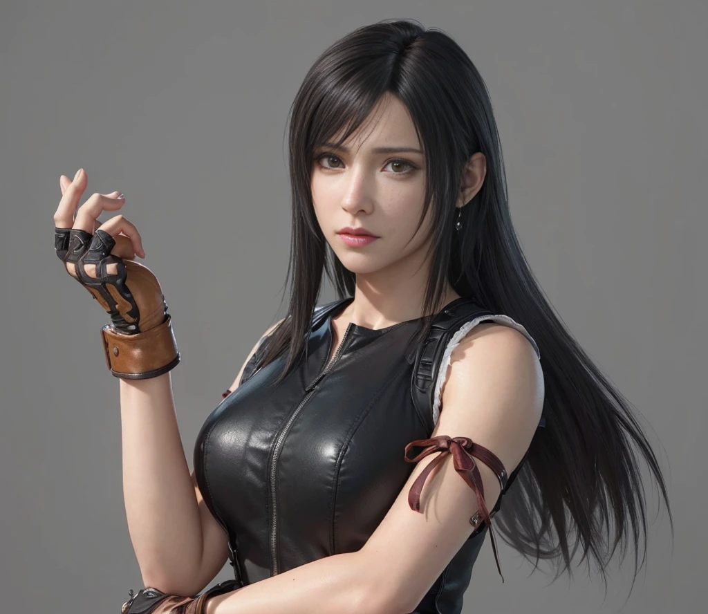 (best quality,ultra-detalhado),(Realistic:1.37),Tifa Lockhart, Rosto bonito e detalhado, maquiagem preta nos olhos, textura ultra realista, rosto delicado, expression serious