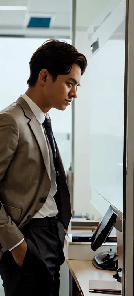 Young boss in suit and small paintes in office