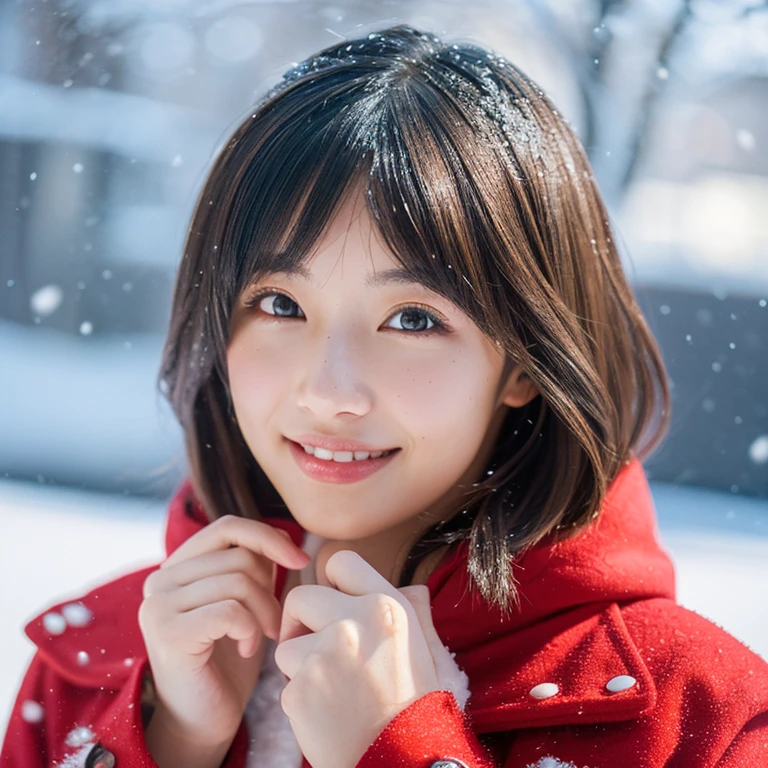 ((( masutepiece ))), (((Best Quality))), ((Ultra-detailed)), (Photo), ((extremely delicate and beautiful)),High resolution, 1girl in, 25 years old, Japanese beautiful girl, (Small breasts), ((Plump full lip)), (Wavy Hair),(Short hair), ((I have one small mole under my eye)), (Detailed eyes),(detailed facial features), (detailed arms),(Detailed fingers),(Detailed Regulus Body))) , snowscape, ((Smile)),(((Red coat))), ((Film grain)), ((SLR camera)), ((35mm lens focal length))，short-cut