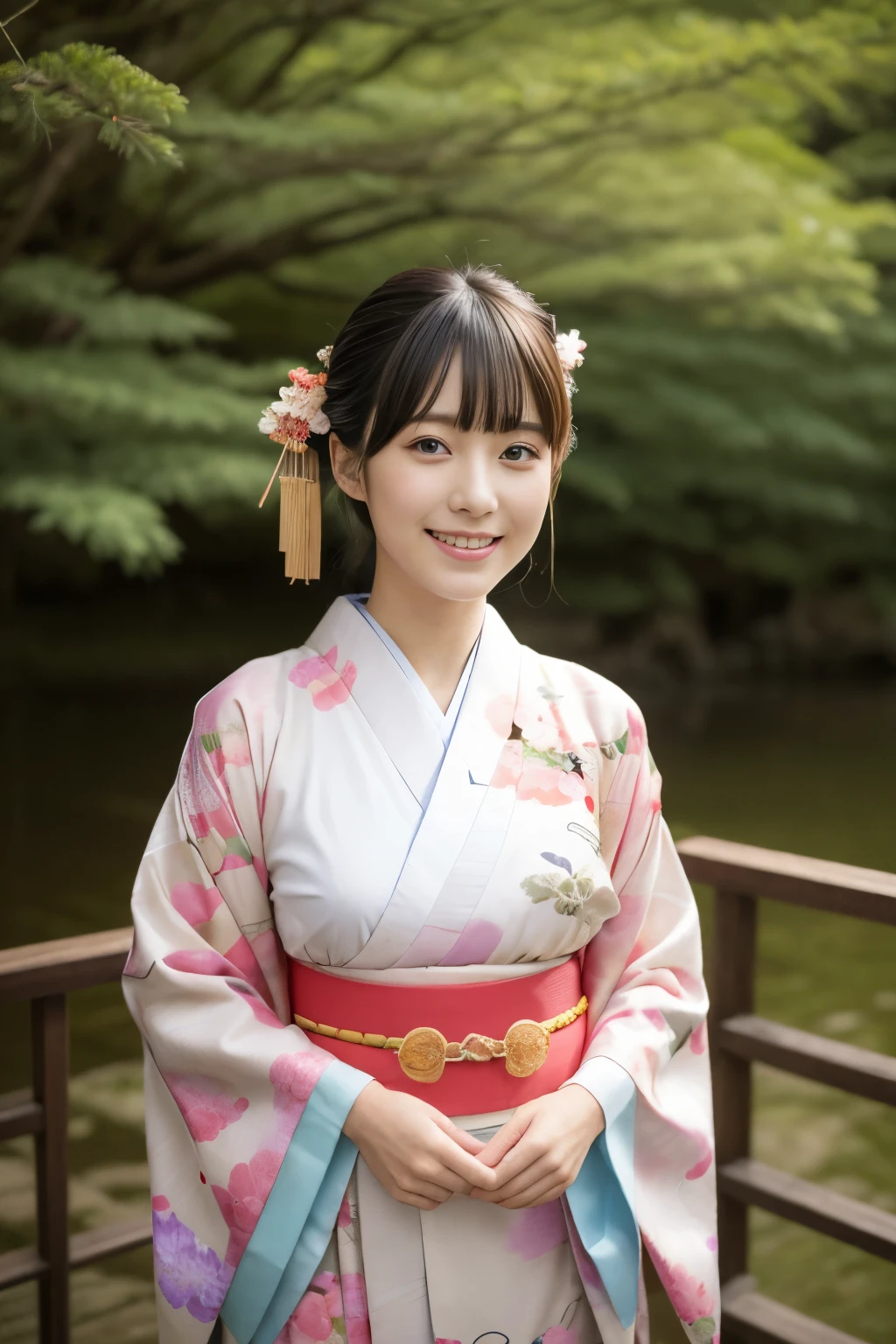 1 beautiful Japan model, 15-year-old female model,  4K、An ultra-high picture quality、bangss、A dark-haired、Kyo-Yuzen、(Kimono, Furisode、Floral pattern in Japanese style:1.5)、(Super cute face in idol style:1.4)、slim and beautiful figure、beutiful breast、A smile、full body Esbian:1.2、