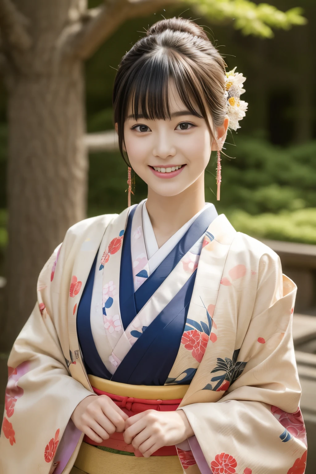 1 beautiful Japan model, 15-year-old female model,  4K、An ultra-high picture quality、bangss、A dark-haired、Kyo-Yuzen、(Kimono, Furisode、Floral pattern in Japanese style:1.5)、(Super cute face in idol style:1.4)、slim and beautiful figure、beutiful breast、A smile、full body Esbian:1.2、