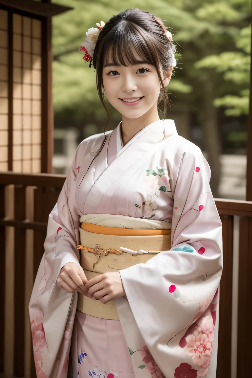 1 beautiful Japan model, -yeld fee model,  4K、An ultra-high picture quality、bangss、A dark-haired、Kyo-Yuzen、(Kimono, Furisode、Floral pattern in Japanese style:1.5)、(Super cute face in idol style:1.4)、slim and beautiful figure、beutiful breast、A smile、full body Esbian:1.2、