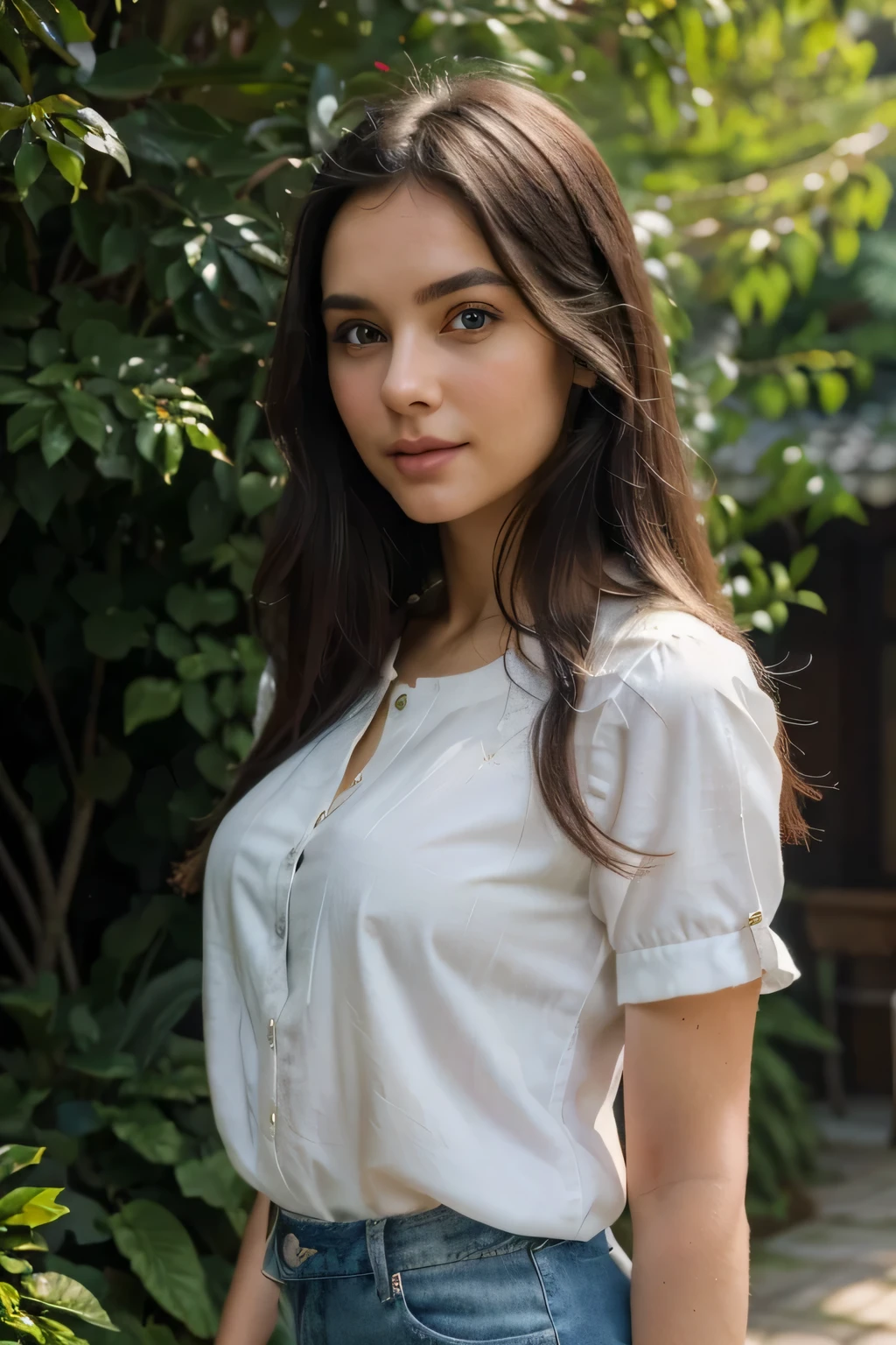 A close up of a woman in a white shirt and jeans - SeaArt AI
