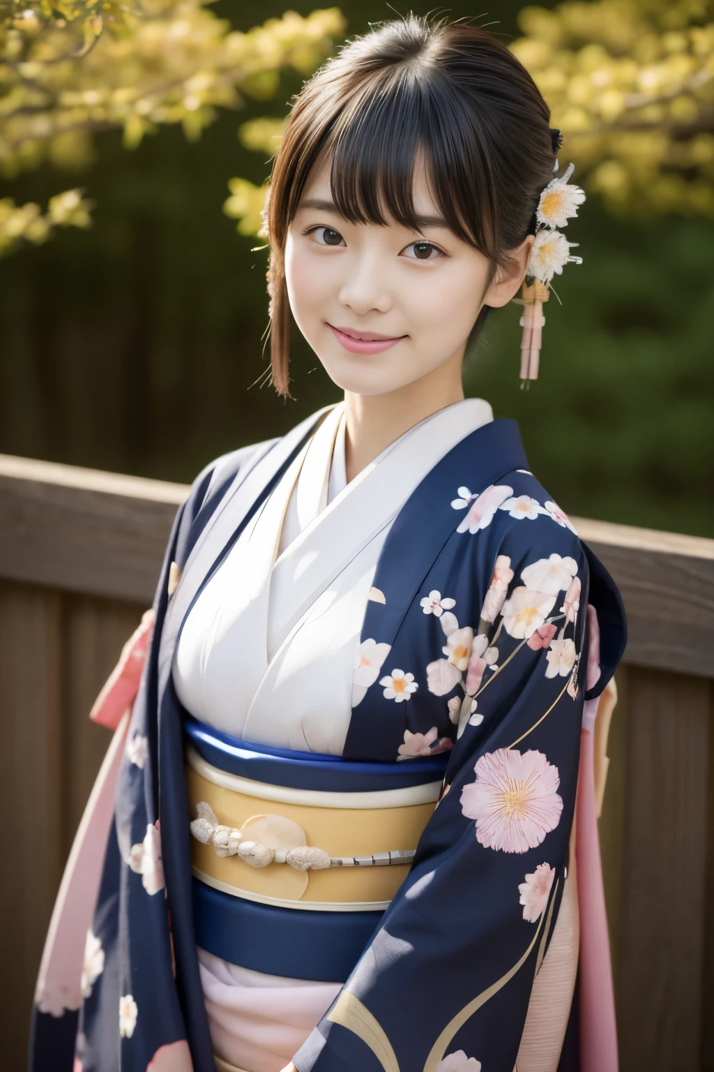 One beautiful Japan model, 15-year-old female model,  4K、An ultra-high picture quality、bangss、A dark-haired、Kyo-Yuzen、(Kimono, Furisode、Japanese style flower pattern:1.5)、(Super cute face in idol style:1.4)、slim and beautiful figure、beutiful breast、A smile、full body Esbian:1.2、