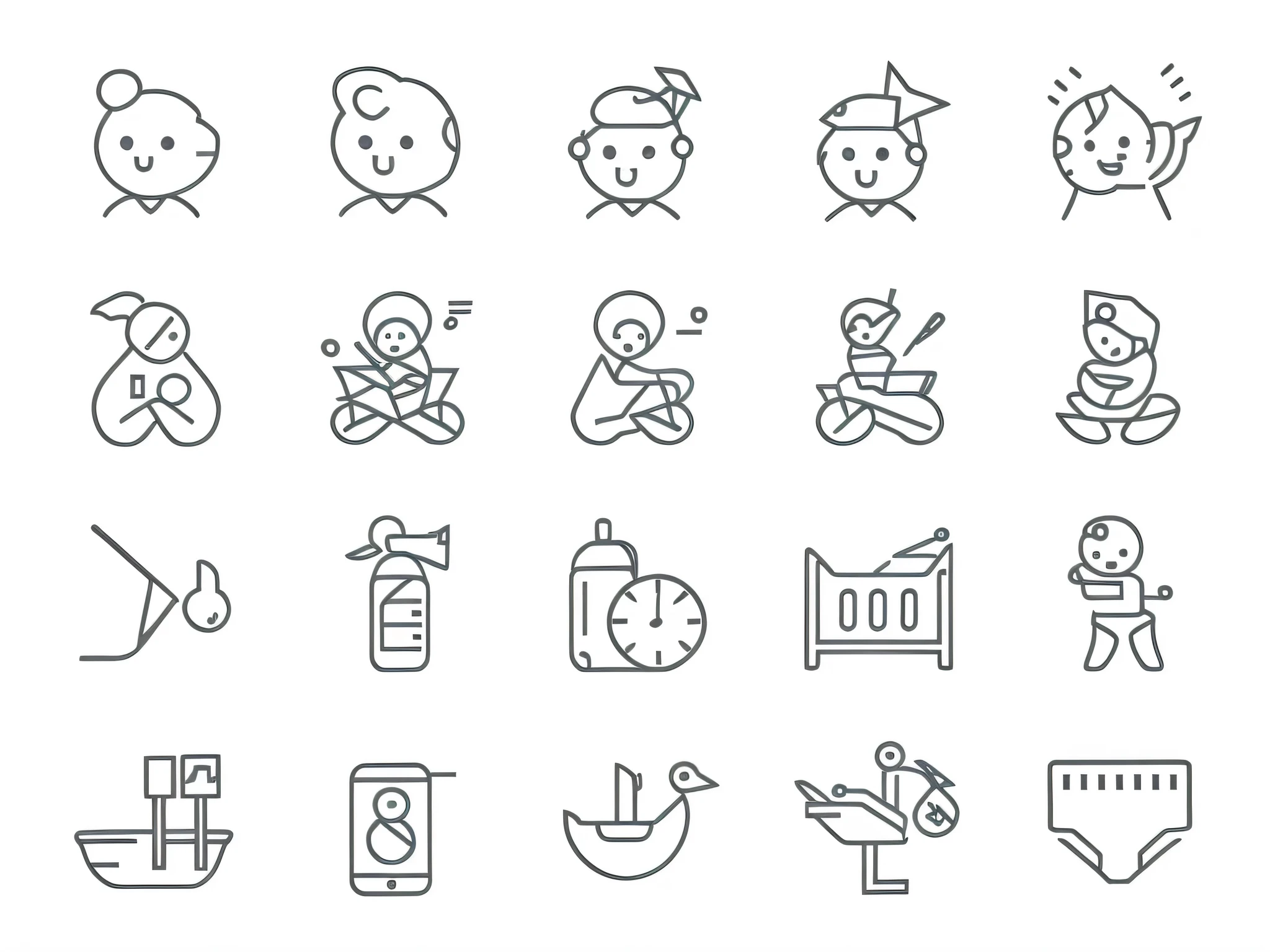 a set of  related icons in thin line style, icons, simplistic iconography, status icons, 2 5 6 x 2 5 6, 256x256, cute features, clipart, clean black outlines, clipart icon, clock iconography, 1 6 x 1 6, birth, icon style, no gradients