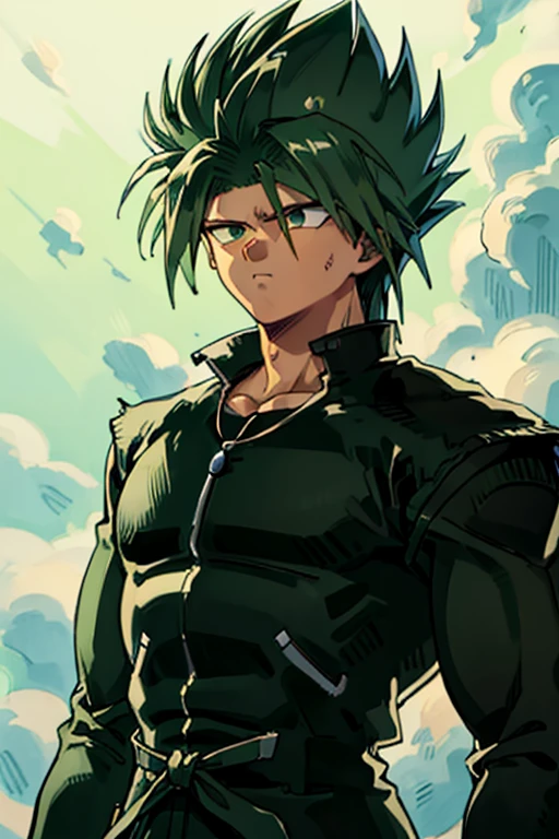 Highly detailed, (masterpiece), best quality, expressive eyes, perfect face, 1man, Long messy spiky wavy green raising hair, Cloud_Strife Green hair, green eyes, Bulky Body Builder Masculine body, Green leather Jacket & Jeans