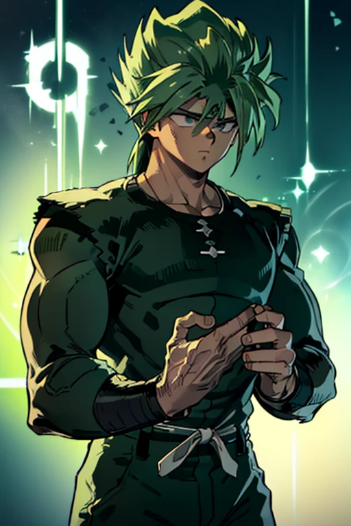 Highly detailed, (masterpiece), best quality, expressive eyes, perfect face, 1man, Long messy spiky wavy green raising hair, Cloud_Strife Green hair, green eyes, Bulky Body Builder Masculine body, Green leather Jacket & Jeans