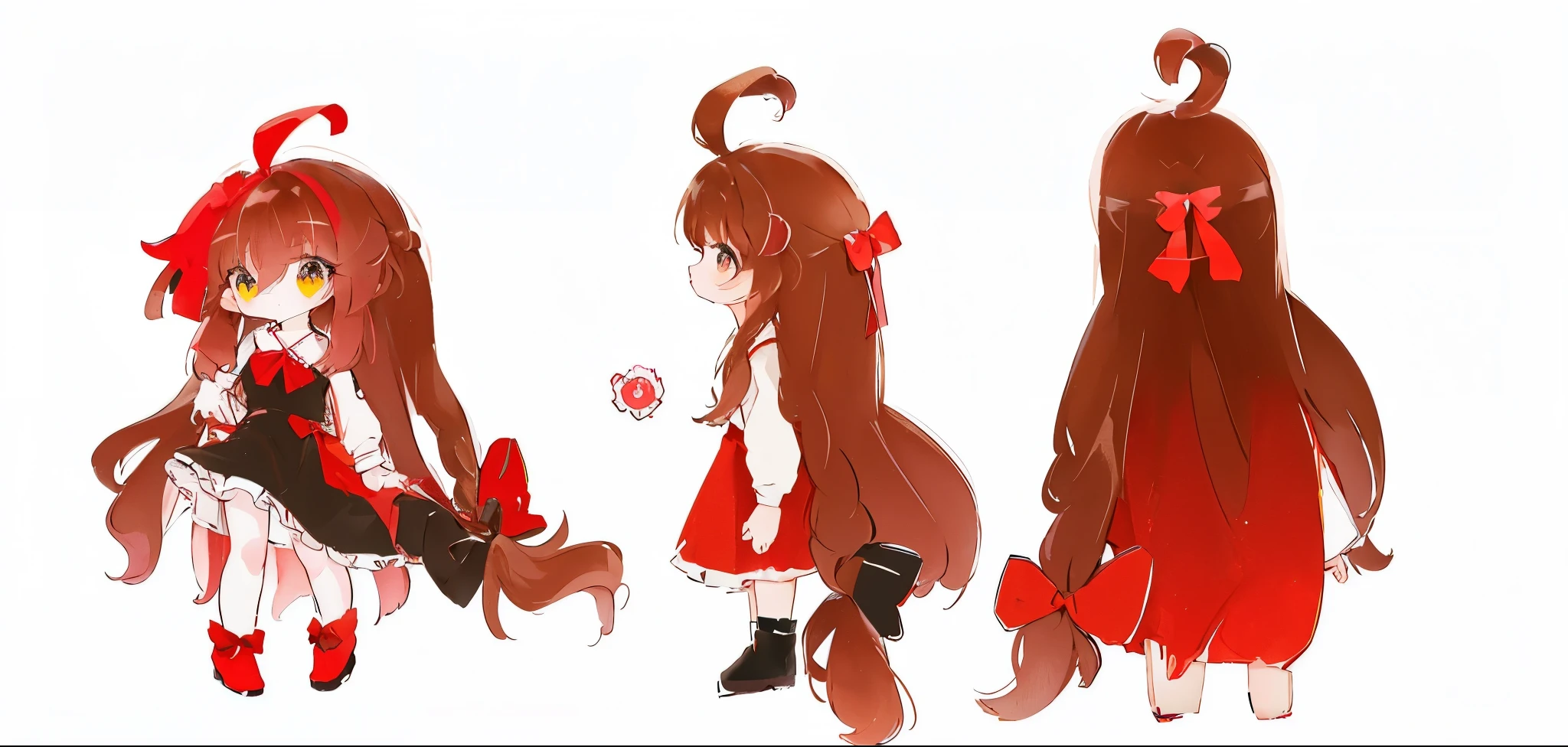 Three View, Brown long hair anime girl, small curvy change, small change girl, change in dress, Aspiring character, Anime cute art style, change,, There is a red bow in her hair, Cute anime waifu wearing beautiful clothes, ribbon in her hair