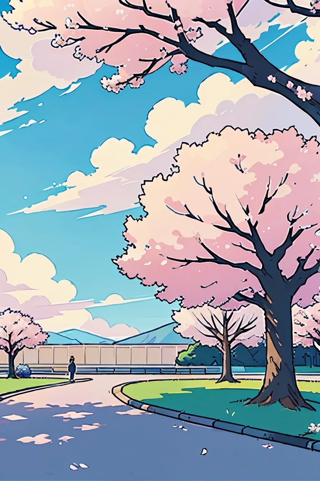 Perfect anime illustration, no people, scenery background of blue sky,clouds, cherry blossom tree closeup , no people
