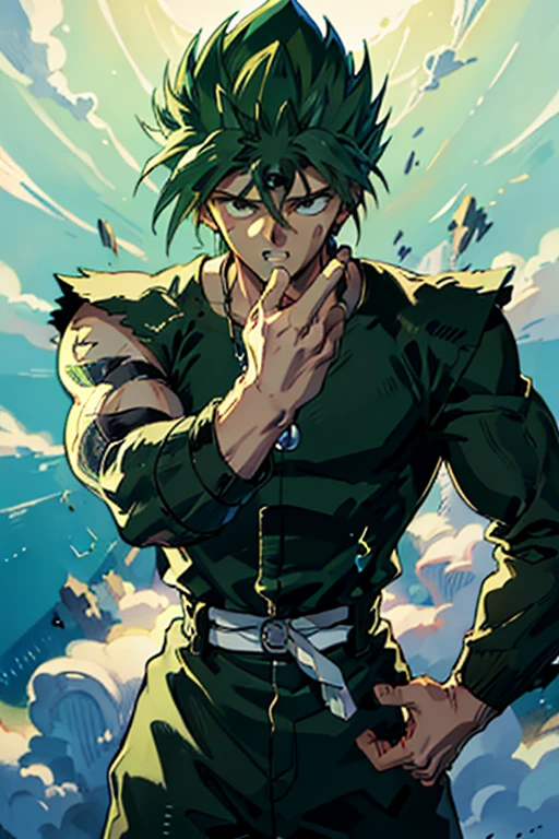 Highly detailed, (masterpiece), best quality, expressive eyes, perfect face, 1man, Long messy spiky wavy green raising hair, Cloud_Strife Green hair, green eyes, Bulky Body Builder Masculine body, Green leather Jacket & Jeans