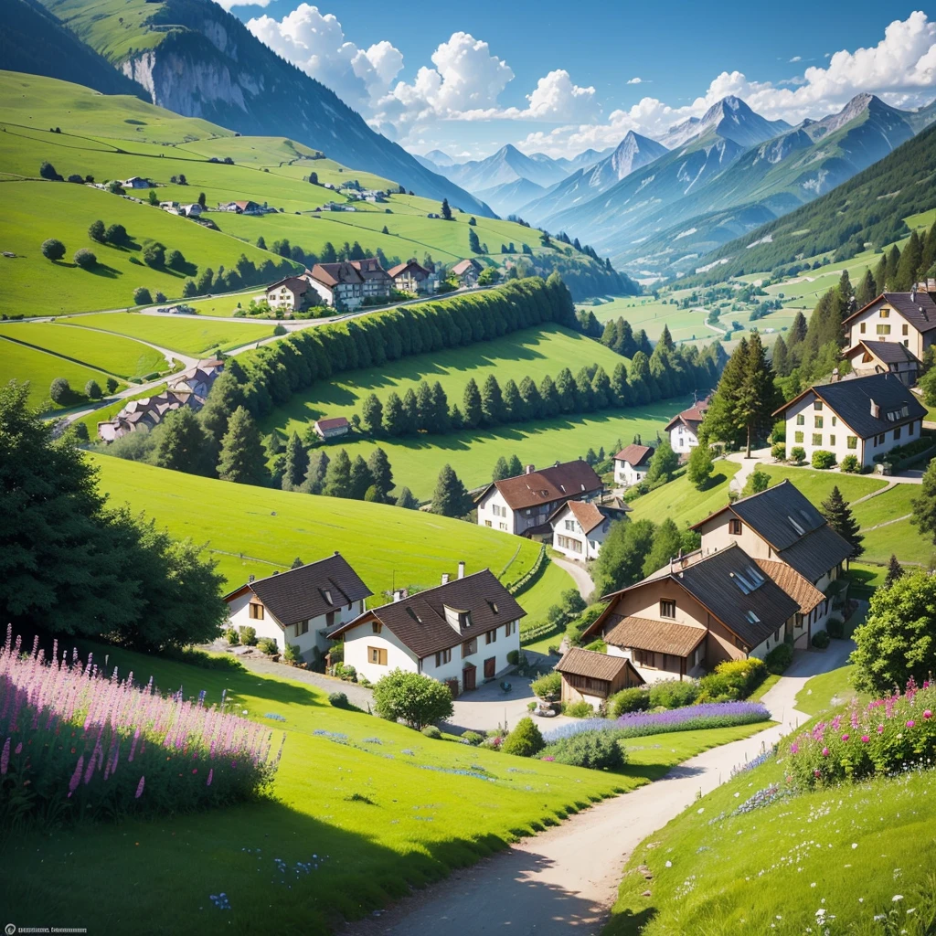 Peaceful and idyllic countryside, Rolling green hills dotted with grazing sheep, Charming villa,Set amidst vibrant flowers, Clear blue sky overhead, Evokes a sense of peace and simplicity, Valle encantador, switzerland, patches of green fields, lush countryside, Valle exuberante,An idyllic village in Milan,,verdant green fields,above a village,Rolling terraces,Colorful garden of flowers and plants,Alpine scenery in the Swiss countryside under the Alps,Carl Sessel Bern,Majestic nature, Swiss architecture, lindo cenario, rios,waterfallr