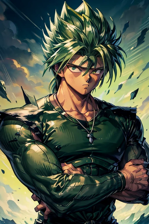 Highly detailed, (masterpiece), best quality, expressive eyes, perfect face, 1man, Long messy spiky wavy green raising hair, Cloud_Strife Green hair, green eyes, Bulky Body Builder Masculine body, Green leather Jacket & Jeans