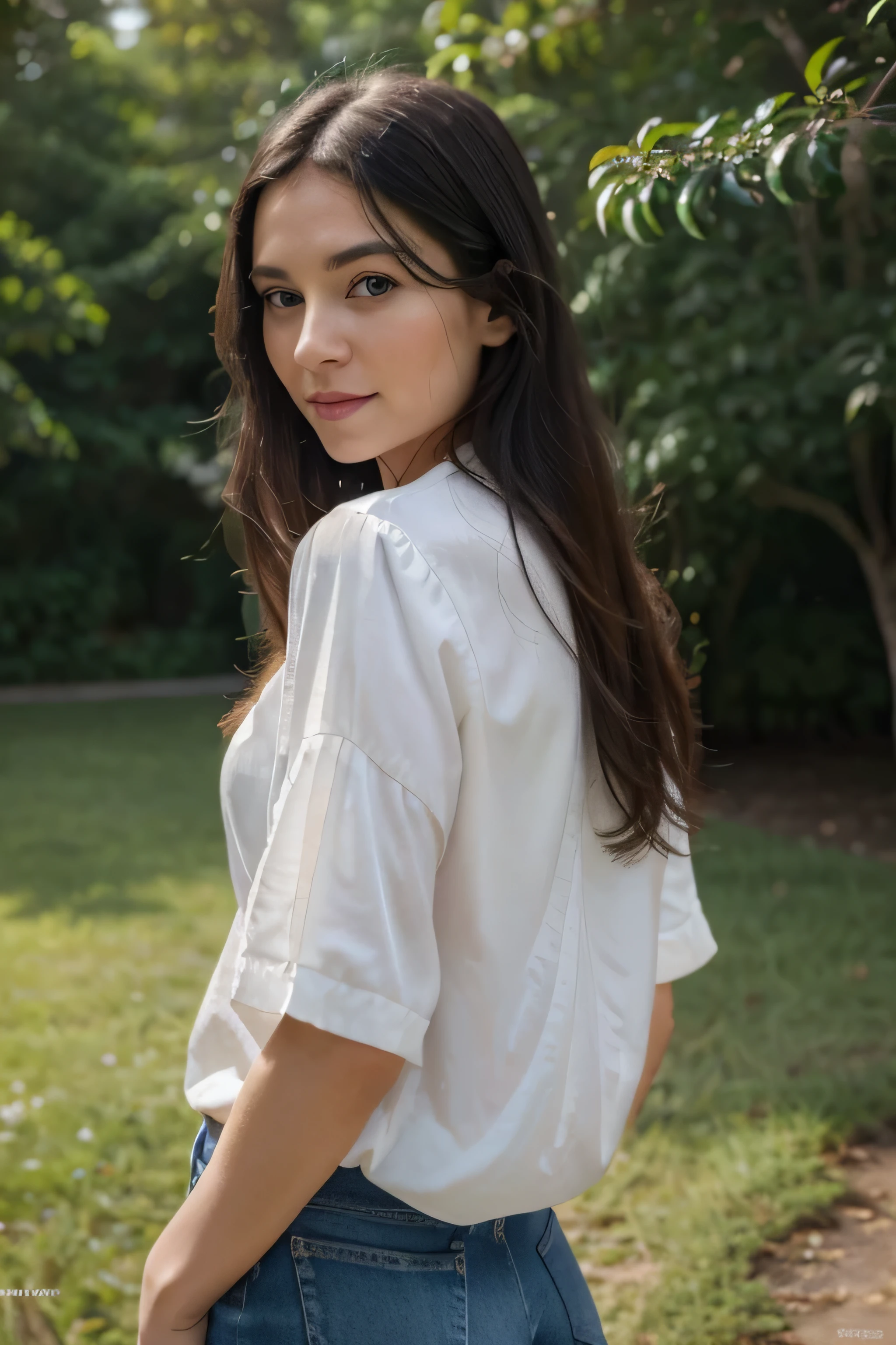(best quality,4k,8k,highres,masterpiece:1.2),ultra-detailed,(realistic,photorealistic,photo-realistic:1.37),cute girl with long black hair and blue eyes,beautiful detailed eyes,beautiful detailed lips,extremely detailed face,long eyelashes,white skin,natural-looking forward,happy expression,soft smile,positive vibe,medium:oil painting,portrait,white blouse and blue jeans,standing posture,looking forward,soft sunlight,green garden background