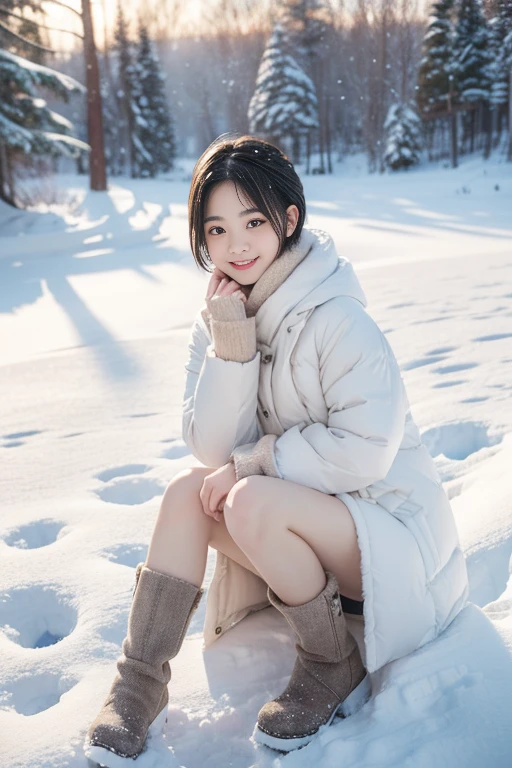 (((masterpiece))), (One beautiful Japan girl, classmates, landscape and innocence,kawaii) ,超A high resolution, Realistic, ultra-detailliert, 8K,top-quality, Extremely detailed, A slender,very beautiful japanese girl, Detailed face:1.3), (Boyish short-haired,A dark-haired :1.4), (a baby face,kawaii系,adorable 14 year old girl), (Perfect body:1.1),Super Detailed Face、Detailed lips、A detailed eye、small gravure idol,Photorealistic:1.37,Focus on the face,Winters, Snow, Snowy landscape, beautiful girl in a down coat, Detailed eyes, Detailed lips, long eyelashes, Mini Pleated Skirt, snowscape, Soft lighting, cosy atmosphere, Medium: Oil Painting, New snow, Wintersのワンダーランド, Cool color tones, Delicate brush strokes, Snowy trees, Frosty breath, serene expressions, playful pose, natural beauty, snow field, Wintersのファッション, Stylish outfit, Snow boots, rosy cheeks, Wintersの楽しみ, peaceful ambiance, ethereal beauty, 魔法のようなWintersの景色, Wintersのファッショニスタ, Whimsical charm