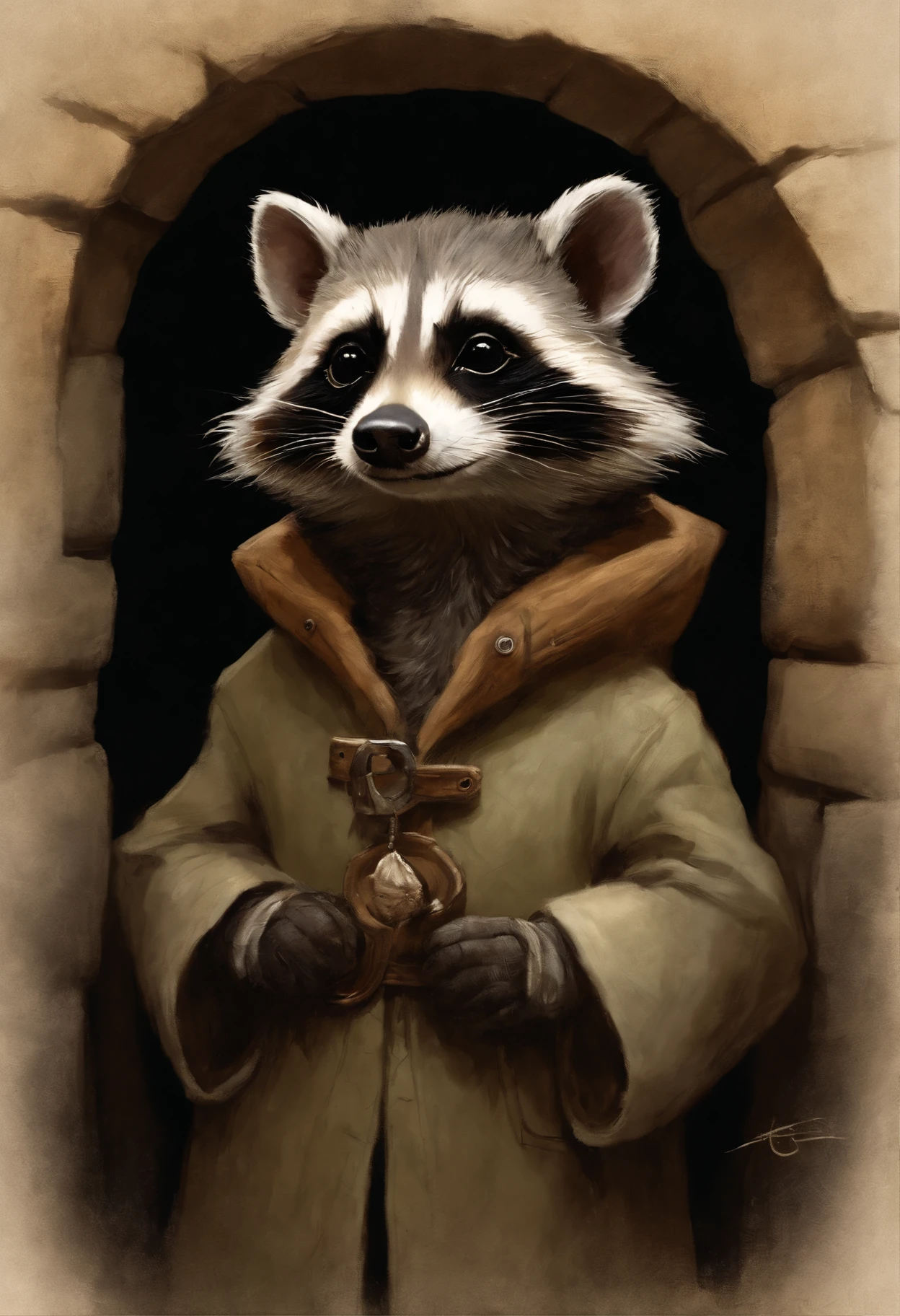 真实感, dark fantasy style, John Tolkien style, Small painting by Jean-Baptiste Monge,   painting of a raccoon in a jacket and jacket standing in a cave, adorable digital painting, rob rey, anthropomorphic racoon, inspired by Jean-Léon Jérôme, inspired by Johannes Helgeson, portrait of a gnome called eldon, Jean Baptiste monge, jean - baptiste monge, Brian Despain Jean-Baptiste Monge, anthropomorphic --ar 2:3 --testp -optimistic;
