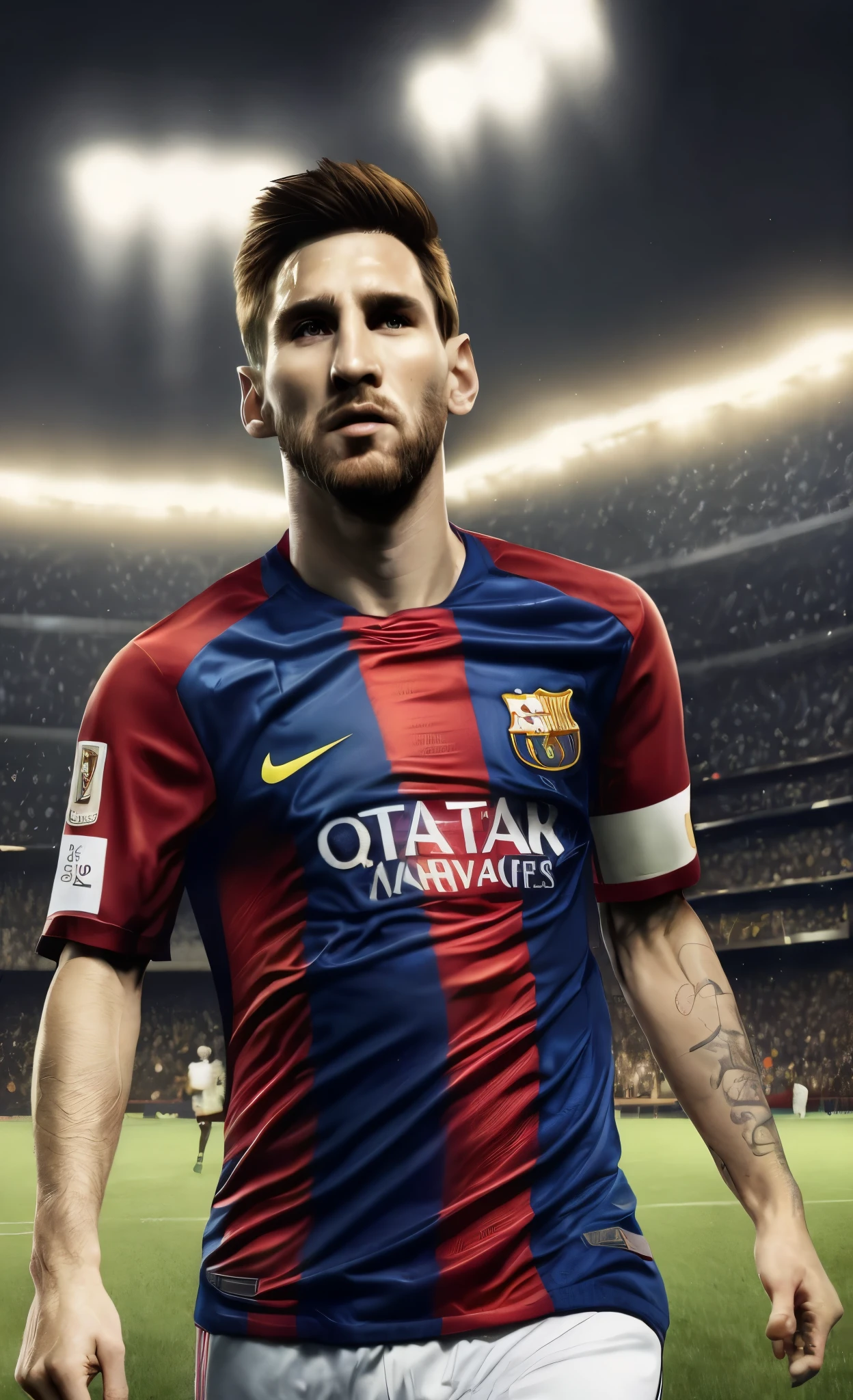 Style Lionel Andres Messi Cuccitini is playing football, on the field, HD, detailed face, detailed face, detailed eyes, detailed suit, Marvel and DC style , surreal, + cinematic plan + dynamic composition, incredible detail, clarity, details + superb detail + night lights + perfectionism + award-winning realism ((soft light))