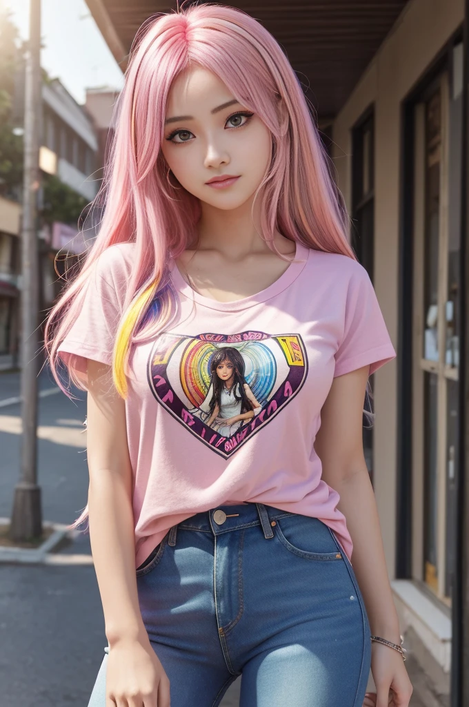 anipoma1,(masterpiece, best illustration, best manga), solo, 1girl, violet eyes, (shiny skin, soft hair), (holding a milkshake), freckles, (bright pink two tone hair:1.3), (wearing a led zepplin tshirt, denim jeans), (extreme light and shadow, volumetric lighting, rim lighting), (daylight:.5), (rainbow lights, light leak), (seductive, smirk), (solo), mangadusk1, manwha1