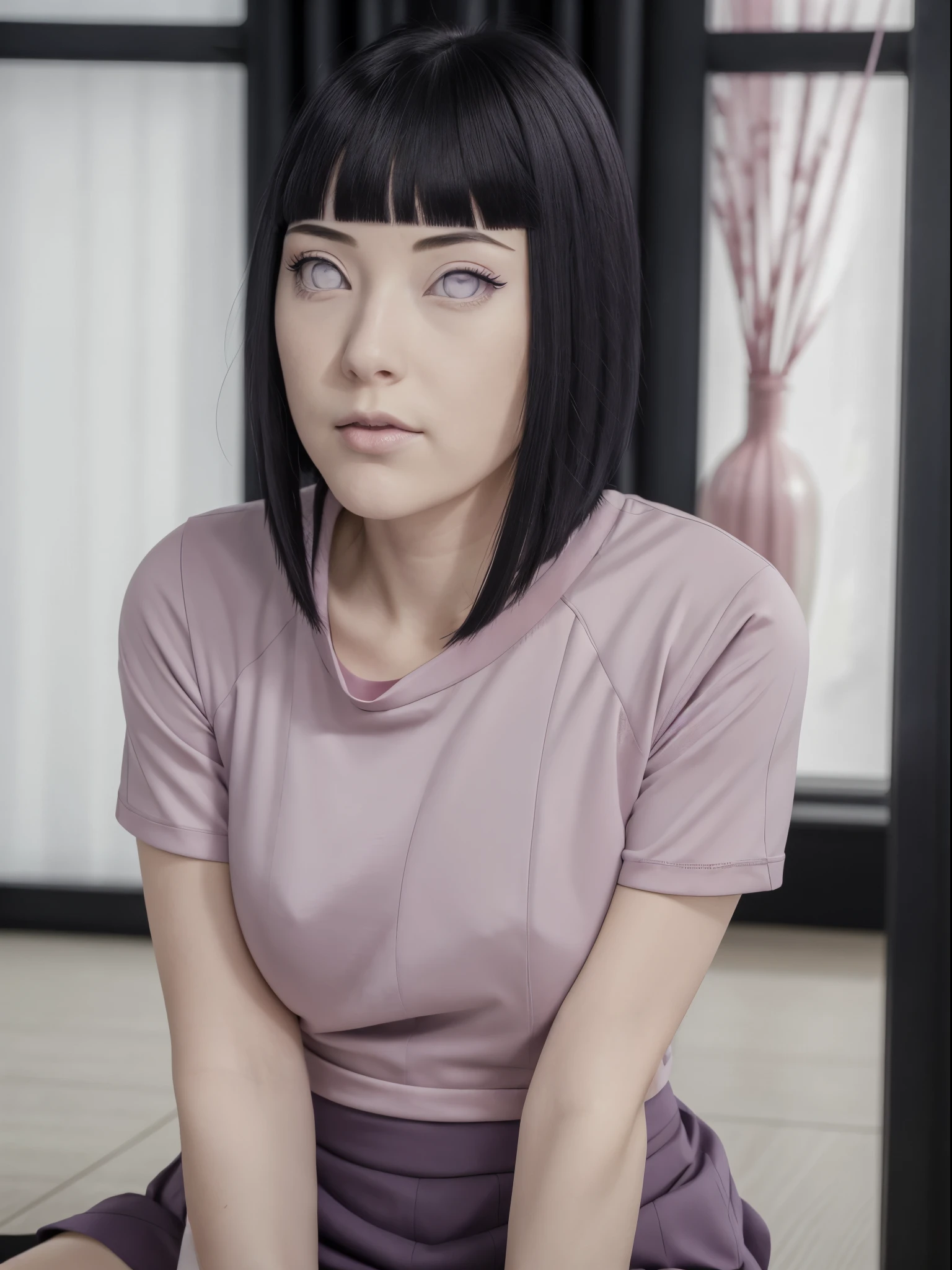 masterpiece, absurdres, hinata\(boruto\), 1girl, solo,mature female, tight tshirt, high waist short skirt, looking at viewelling petals), perfect composition, detailed lips, big breast, beautiful face, body propotion, blush, (pink lips), long hair, purple eyes, soft gaze, super realistic, detailed, photoshoot, realistic face and body,