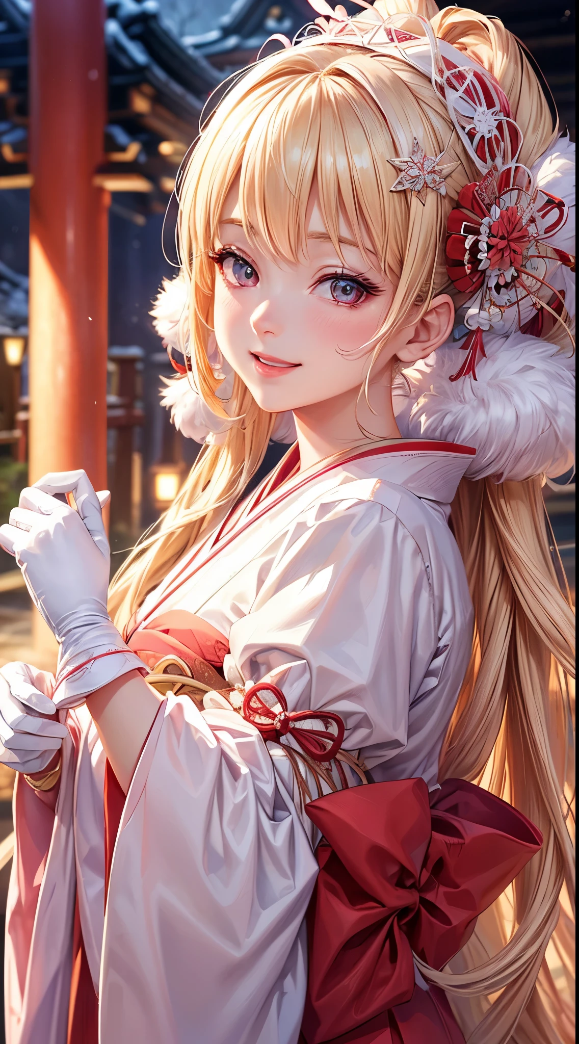 Very detailed CG Unity 8K wallpaper, Cute One Girl, Mature blonde girl, beautiful  Girl, hot maiden, pale skin (Super masterpiece, Beautiful person, well detailed face polluted smile, Photorealistic, hyper realisitic), winter red and pink kimono with white fur 、Wearing white gloves,Japanese Style Hair Accessories、  (Light Lighting)、smil,Upper body 、Japan background