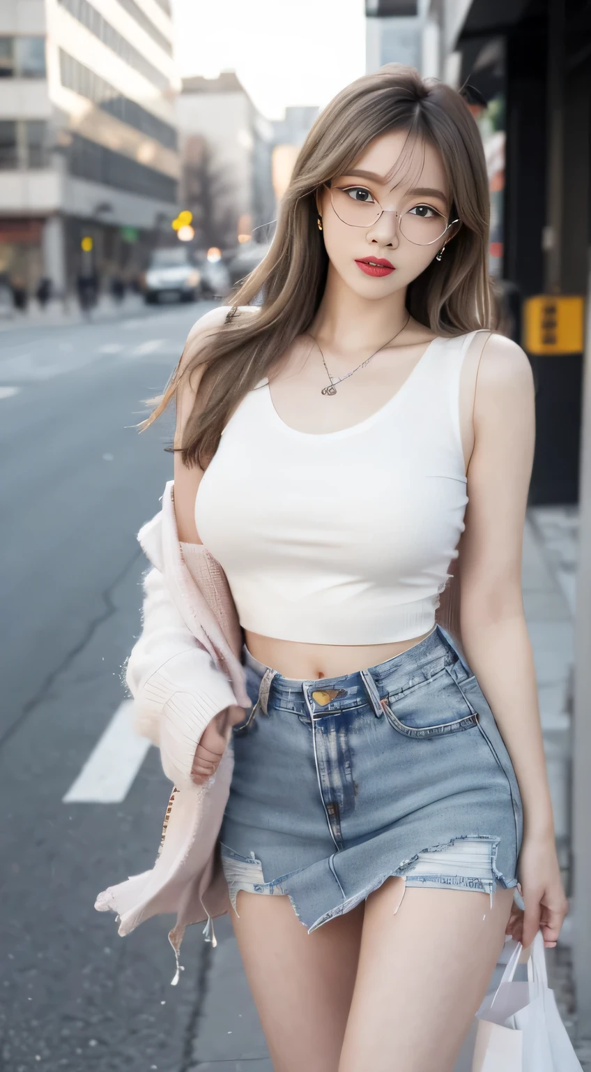 Picture quality、Original photography、超高分辨率、18-year-old Korean、glasses beauty、Colossal tits:1.5、:1.6、healthy complexion、Fair and shiny skin、(long)、((light brown silver hair))、beautidful eyes，Color is random、with very thin lips，The eyes are beautiful，The eyes have details、pale pink blush、long eyeslasheeautiful double eyelids、eye shadows、ear nipple ring、(Fashionable glasses、Gilet blanc、Beautiful legs in denim skirt、upper legs)、Street photography、Legs of moderate thickness、((Torn clothes、Clothes with holes))