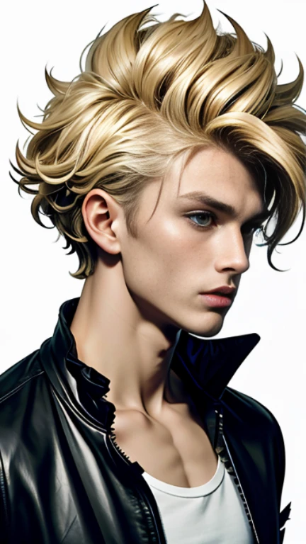 (best quality, masterpiece:1.2), blond hair, masculine, curly hair, spiky hair, tousled hair, attractive face features, 20 years old, slender and toned physique, slightly longer wolf cut, hair styled with wax
