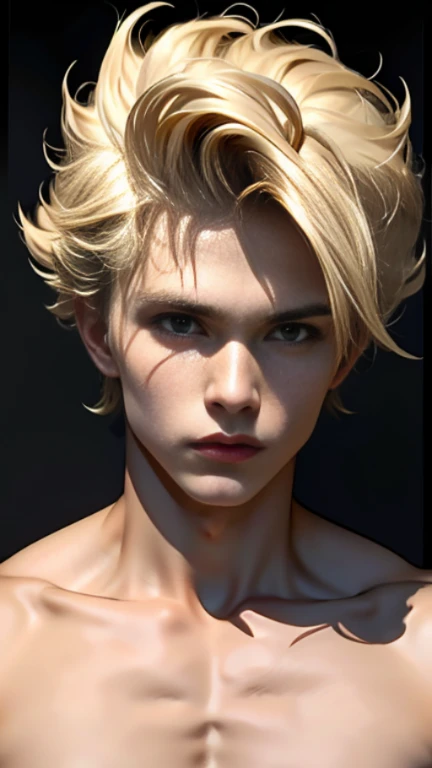 (best quality, masterpiece:1.2), blond hair, masculine, curly hair, spiky hair, tousled hair, attractive face features, 20 years old, slender and toned physique, slightly longer wolf cut, hair styled with wax