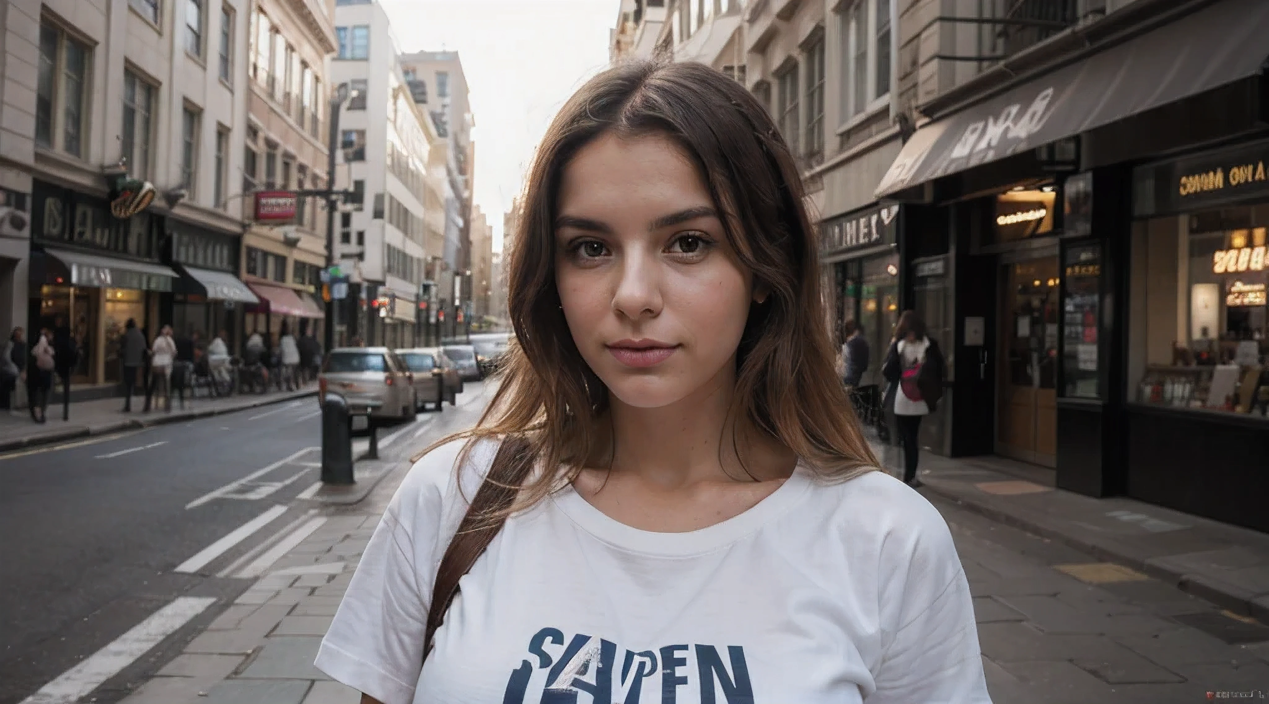 one standing Flavia Lucetta looking at camera, 25 years old, in a big city, seductive really gigantic super droopy tits in a shirt