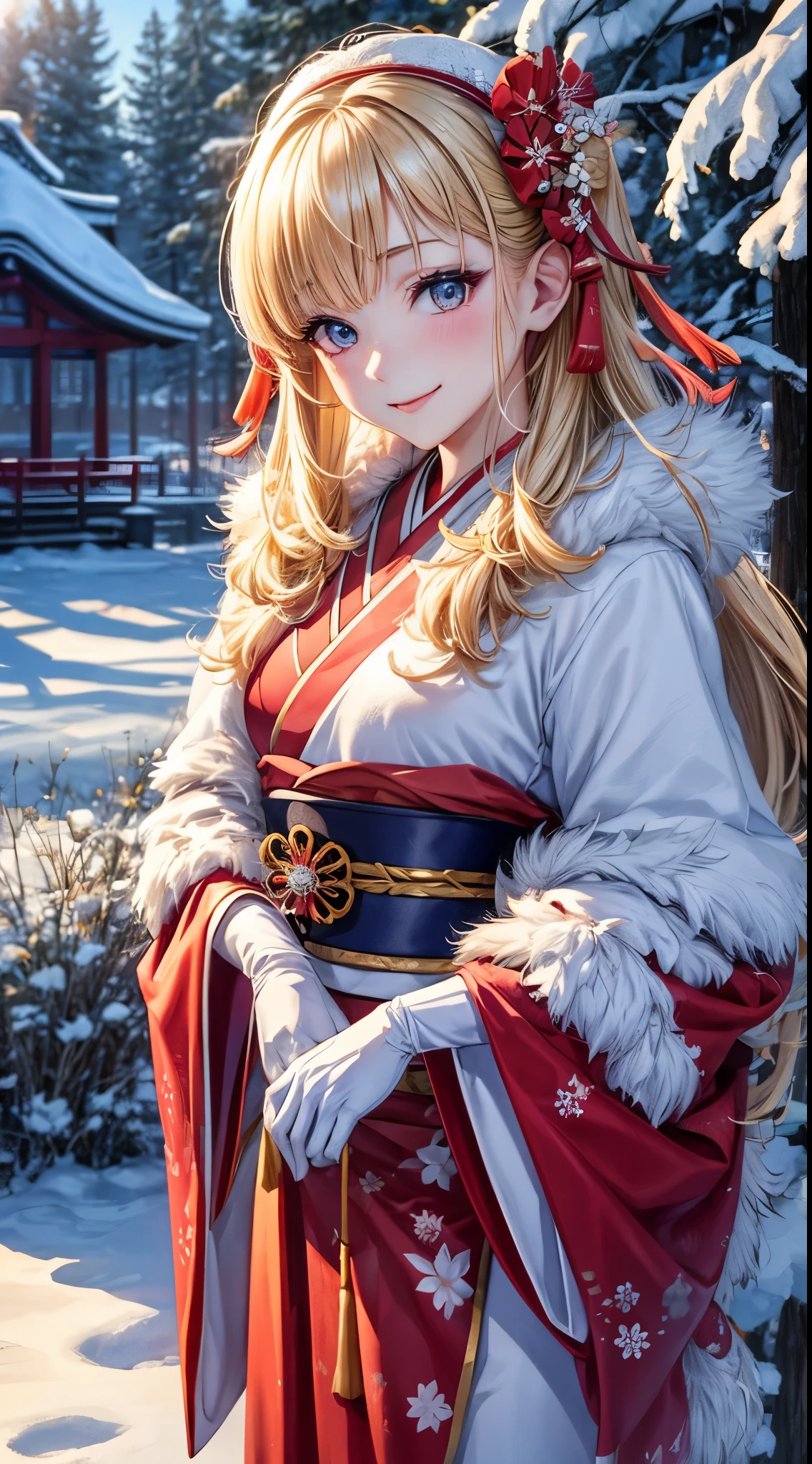 Very detailed CG Unity 8K wallpaper, Cute One Girl, Mature blonde girl, beautiful  Girl, hot maiden, pale skin (Super masterpiece, Beautiful person, well detailed face polluted smile,   flat chest、Photorealistic, hyper realisitic), red and pink winter kimono 、has white fur、 Wearing white gloves,Japanese Style Hair Accessories,  (Light Lighting)、smil,Upper body 、Japanese background of flowers and snow