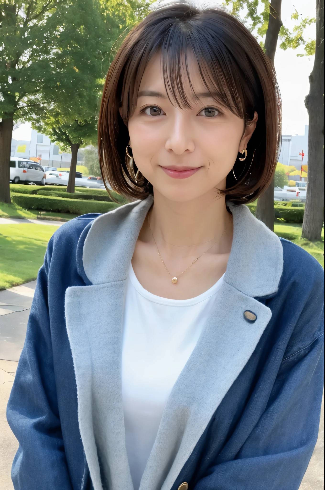 (High reality photograph, high resolusion, detailed face, detailed eyes) Skinny Japanese lady, 40 years old, various face expression, various hair style, skinny figure, very small breasts, very thin waist, casual clothes in a park