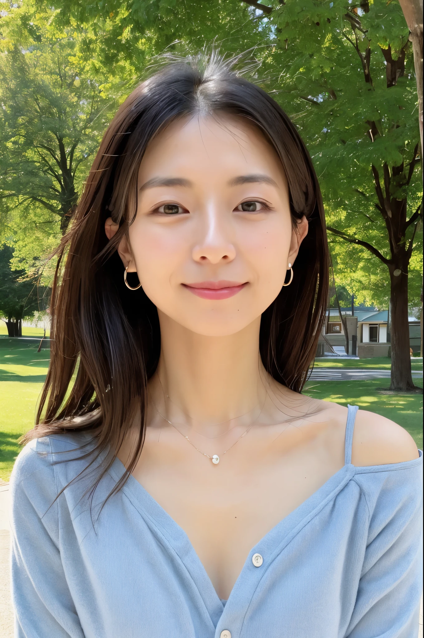 (High reality photograph, high resolusion, detailed face, detailed eyes) Skinny Japanese lady, 40 years old, various face expression, various hair style, skinny figure, very small breasts, very thin waist, casual clothes in a park