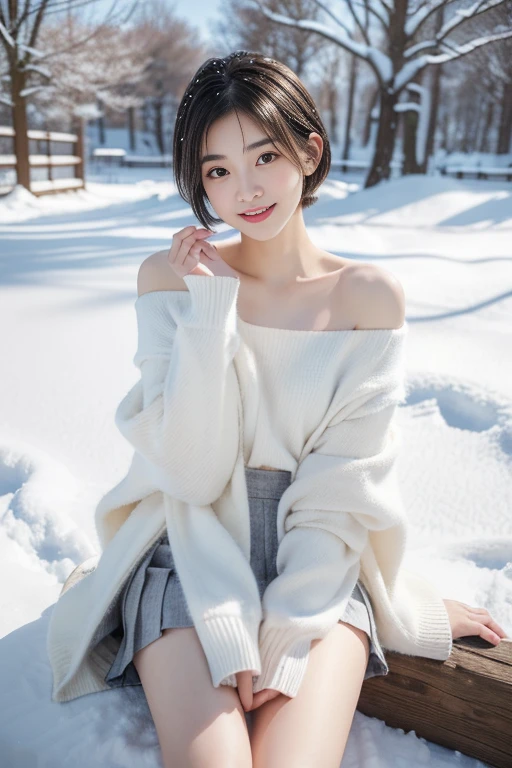 (((​masterpiece))),  (One beautiful Japan girl, classmates, landscape and innocence，kawaii) ，超A high resolution, Realistic, ultra-detailliert, 8K,top-quality, Extremely detailed, A slender,very beautiful japanese girl, Detailed face:1.3), (Boyish short-haired，A dark-haired :1.4), (a baby face，kawaii系,adorable 14 year old girl), (Perfect body:1.1),Super Detailed Face、Detailed lips、A detailed eye、small gravure idol，Photorealistic:1.37,Focus on the face，With no makeup，beautiful off shoulder clavicle,Winters, Snow, Snowy landscape, beautiful girl in a down coat, Detailed eyes, Detailed lips, long eyelashes, Mini Pleated Skirt, snowscape, Soft lighting, cosy atmosphere, Medium: Oil Painting, New snow, Wintersのワンダーランド, Cool color tones, Delicate brush strokes, Snowy trees, Frosty breath, serene expressions,Smile，show me your beautiful teeth、 playful pose, natural beauty, snow field, Wintersのファッション, Stylish outfit, Snow boots, rosy cheeks, Wintersの楽しみ, peaceful ambiance, ethereal beauty, 魔法のようなWintersの景色, Wintersのファッショニスタ