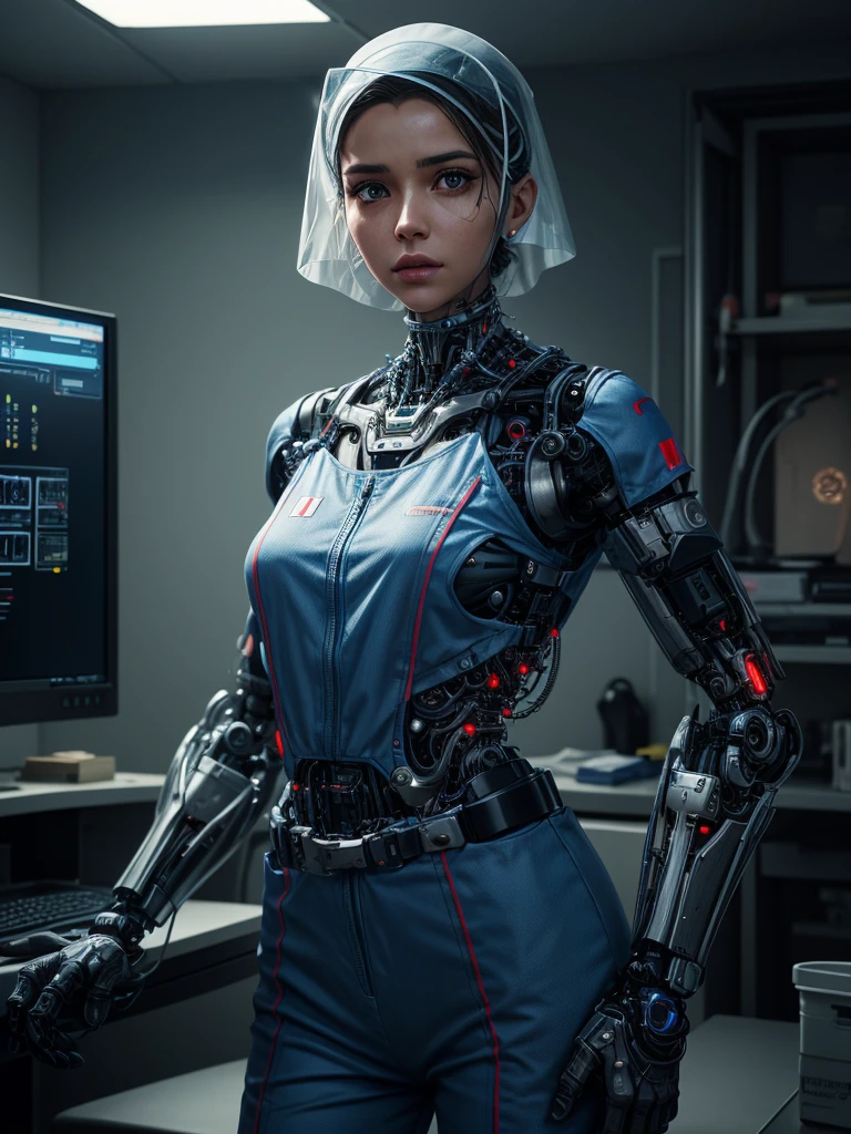 Cinematic Waist Up Portrait of modest Palestinian female cyborg nurse in a small city clinic, wears cybernetic clear full faceshield, detailed face, detailed cybernetic enhanced blue retinas, insanely detailed and intricate scene and cybernetic limbs, donning field medic jumpsuit, ultra high resolution, octane render, octane lighting