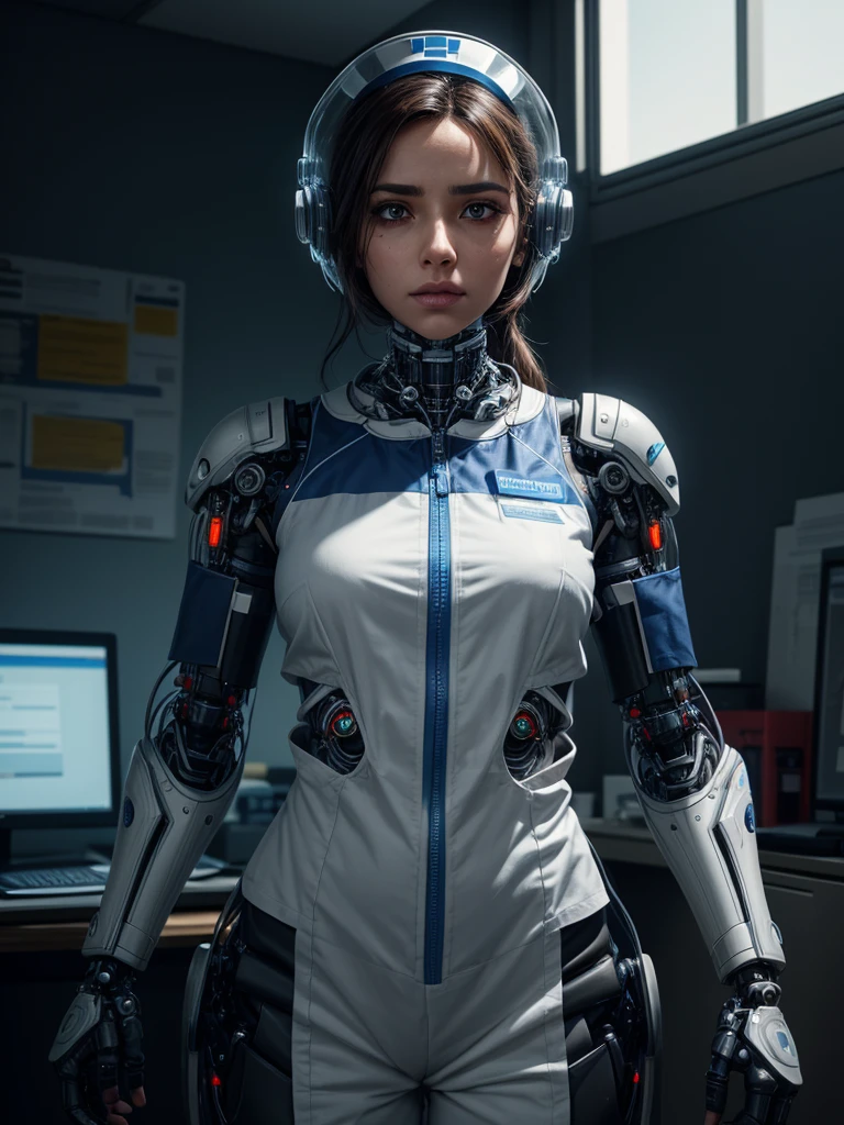 Cinematic Waist Up Portrait of modest Palestinian female cyborg nurse in a small city clinic, wears cybernetic clear full faceshield, detailed face, detailed cybernetic enhanced blue retinas, insanely detailed and intricate scene and cybernetic limbs, donning field medic jumpsuit, ultra high resolution, octane render, octane lighting