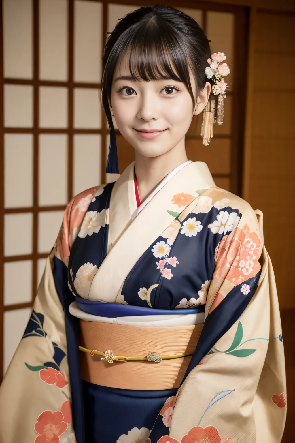 1 beautiful Japan model, 18-year-old female model,  4K、An ultra-high picture quality、bangss、A dark-haired、Kyo-Yuzen、(Kimono, Furisode、Floral pattern in Japanese style:1.5)、(Super cute face in idol style:1.4)、slim and beautiful figure、beutiful breast、A smile、full body Esbian:1.2、