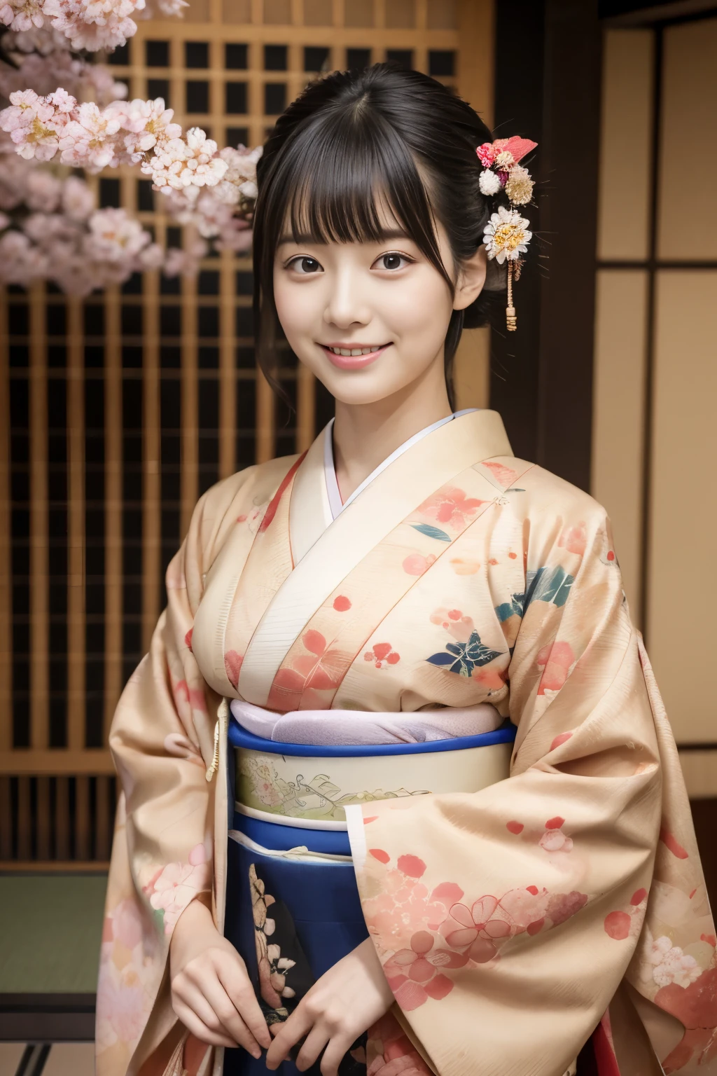 1 beautiful Japan model, 18-year-old female model,  4K、An ultra-high picture quality、bangss、A dark-haired、Kyo-Yuzen、(Kimono, Furisode、Floral pattern in Japanese style:1.5)、(Super cute face in idol style:1.4)、slim and beautiful figure、beutiful breast、A smile、full body Esbian:1.2、