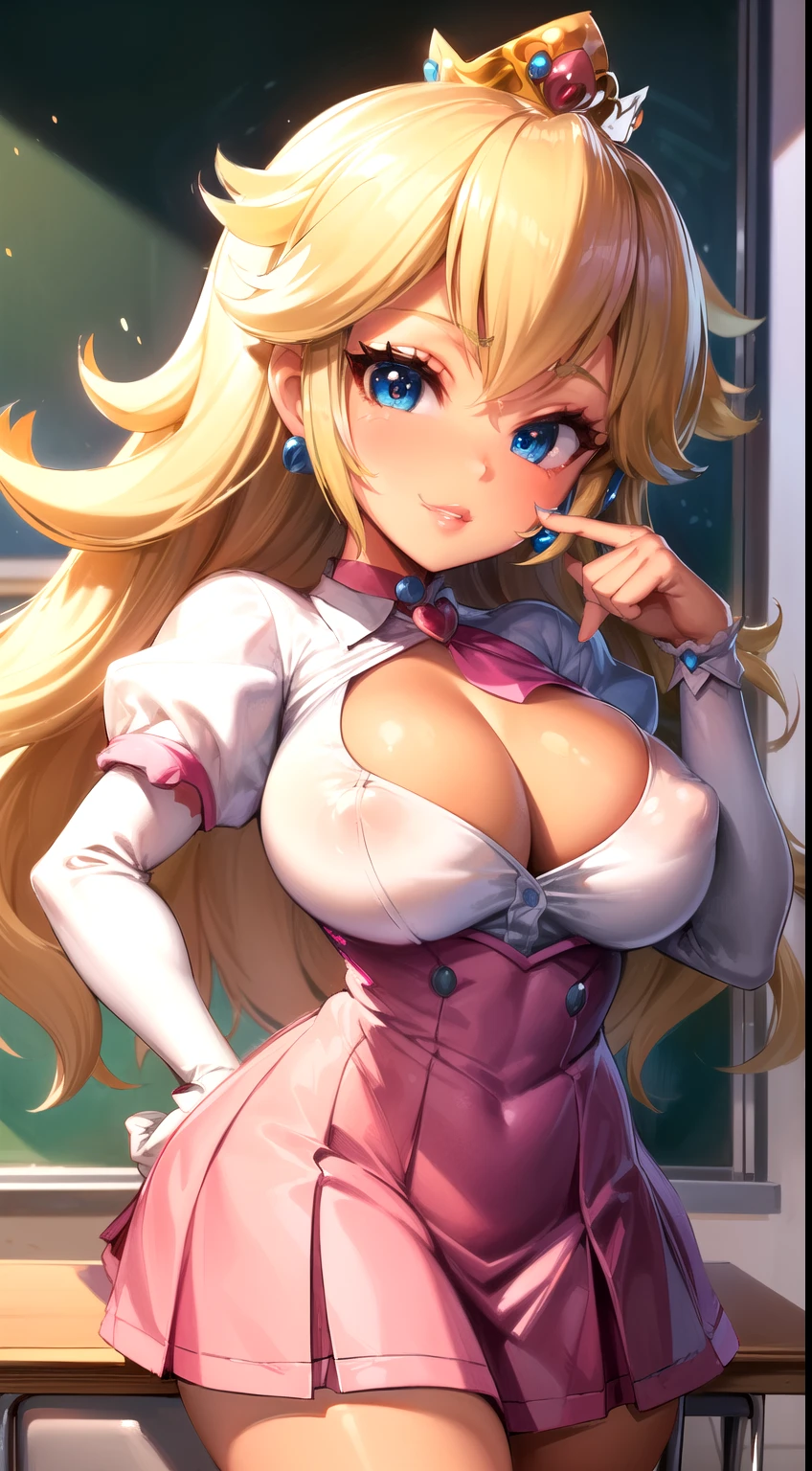 1girl,solo,(school uniforms:1.6),miniskirt,classroom,dark skin,(PrincessPeach), (Princess Peach),detailled eyes, blue eyes, choker,heavily makeup, glossy lips, pink lips,smile,glossy skin,oily skin,coverd nipple,