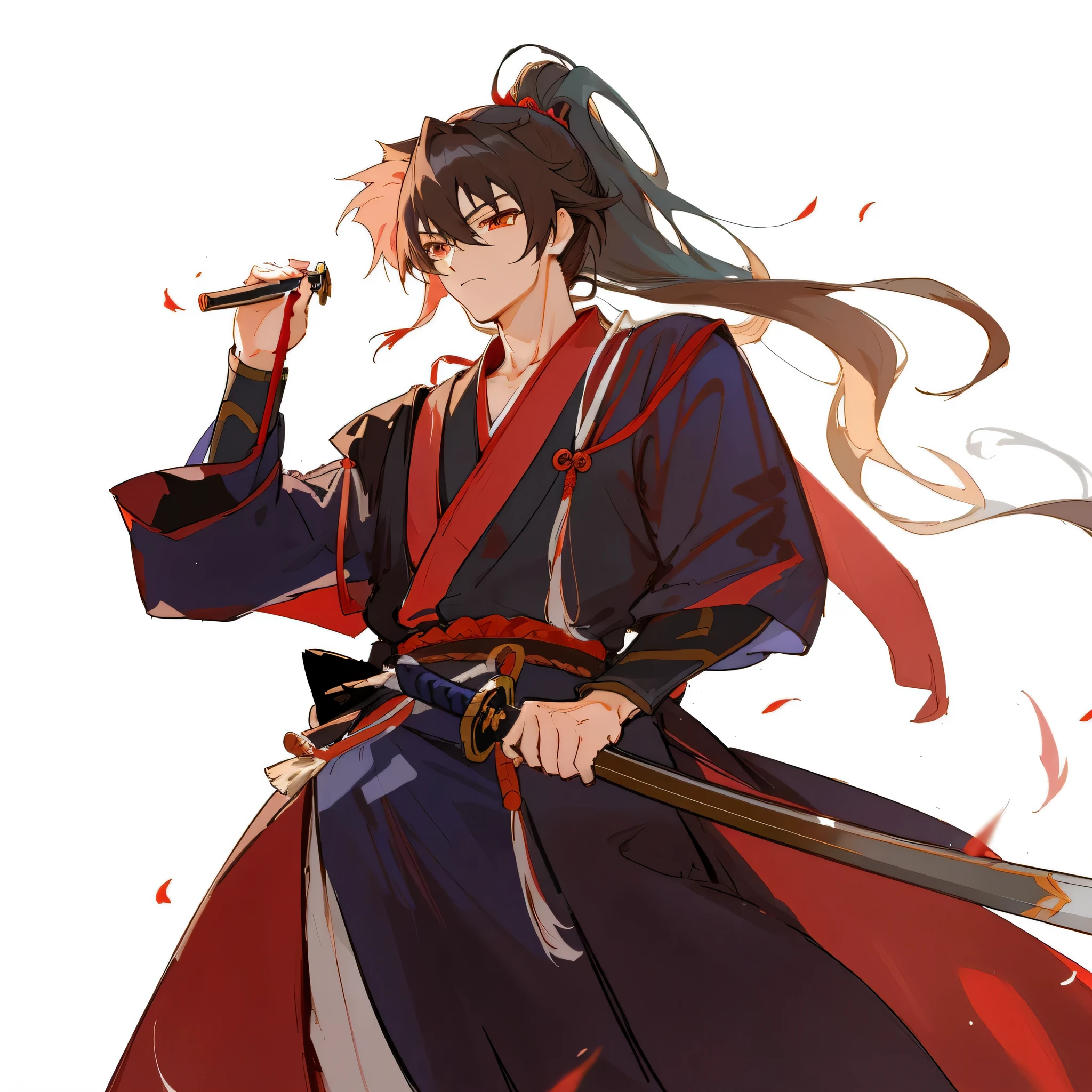 8K,high high quality!!Detail Enhancement!!Highest image quality!!in red robes、Long gray hair、anime character holding sword, flowing hair and long robes, flowing hair and long robes, antique art style, cloak flittering in the wind, ninja scroll anime style, Inspired by Hoichi Sakai, waving robe motion, inspired by Ma Shi, speedpainting, floating robes, inspired by somi, antique concept art,Inspiration for Masanobu Okumura, by Shitao, Fox holding a naginata, Warring States Period Art Style。