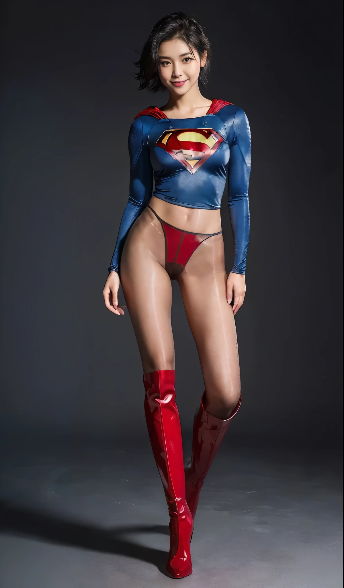 No background、Are sleeping、lying back on、(((Wear black tights on your beautiful legs.)))、(((Grow legs、tall、Legally express the beauty of your smile)))、((((Make the most of the original image)))、(((Supergirl Costume)))、(((beautiful hairl)))、(((Suffering)))、(((Feet must necessarily be worn with black tights)))、(((You need to wear red boots)))、((Top image quality、8K))、((top-quality、8K、masterpiece:1.3))、(((Keep Background )))、Crisp focus:1.2、Beautiful woman with perfect body shape:1.4、Slender Abs:1.2、a wet body:1.5、Highly detailed facial and skin texture、8K