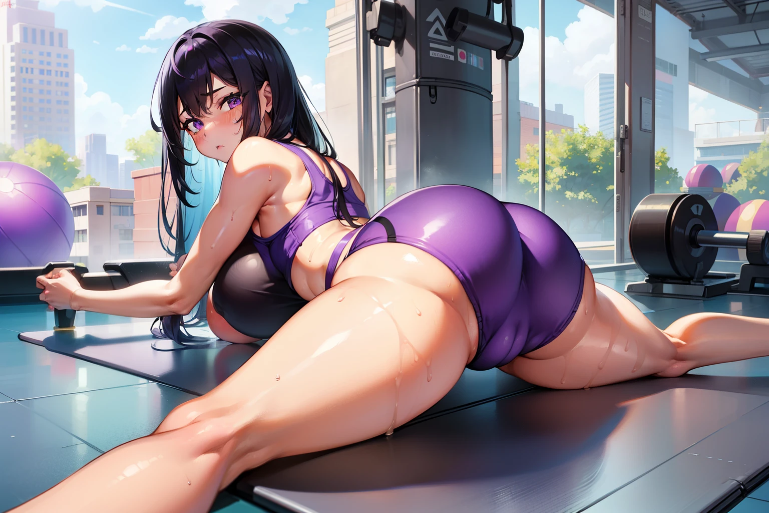 (masterpiece), best quality, expressive eyes, perfect face, gym, workout, hot, sweating, sweaty, tan, big boobs, tan skin, flustered, blush, purple clothes, see thru, yoga pants, black hair, sitting on exercise ball, gym ball, exercise ball, curvy woman , black hair , straight hair, purple eyes, emberased, purple hair,