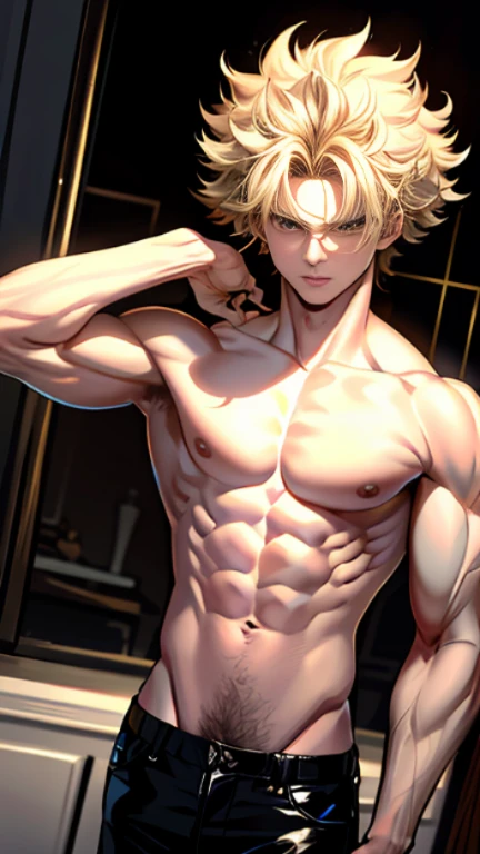 (best quality, masterpiece:1.2), blond hair, masculine, curly hair, spiky hair, tousled hair, attractive face features, 20 years old, slender and toned physique, slightly longer wolf cut, hair styled with wax