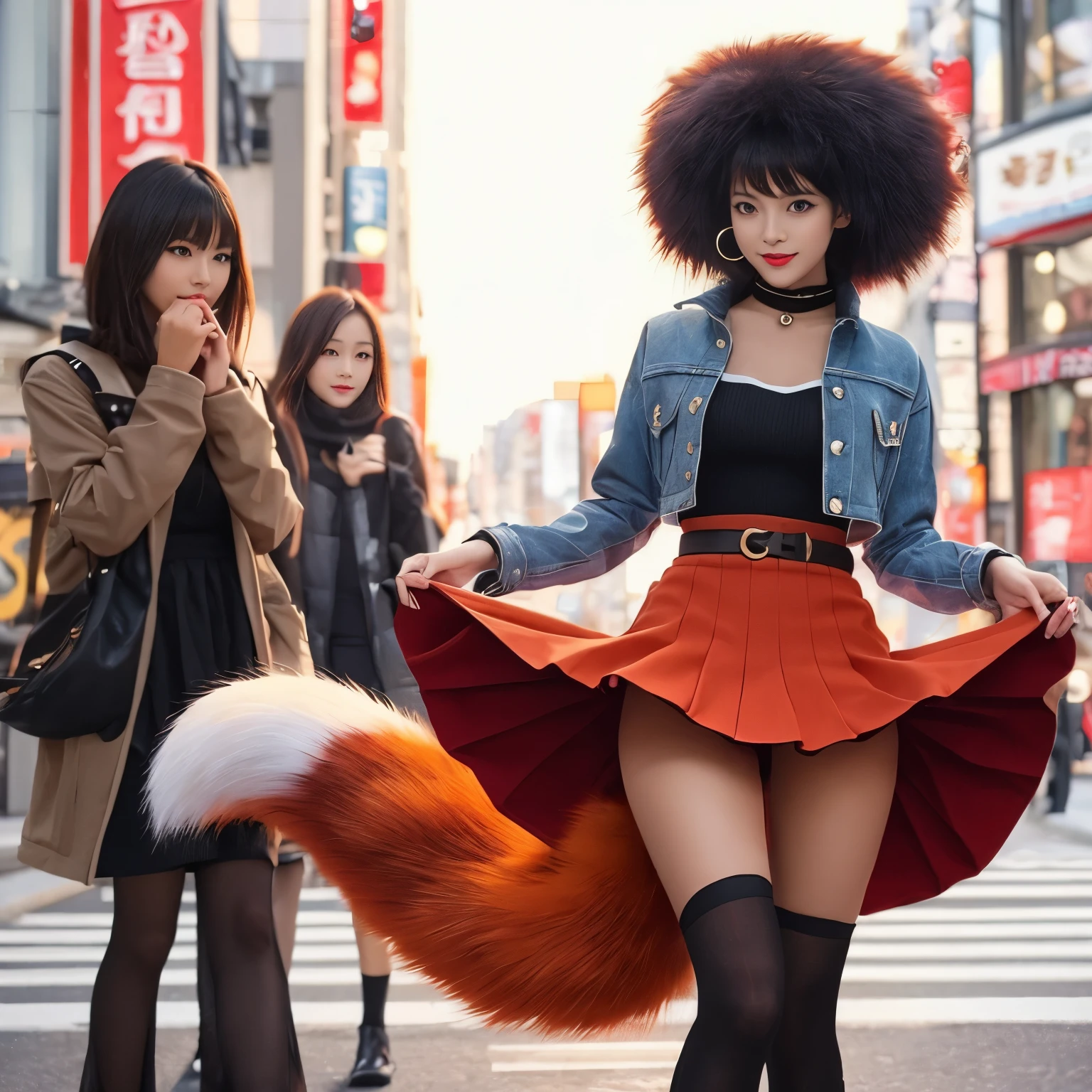 Girl with a furry tail walking down the street, foxgirl, Fox tail, tail, a picture, top-quality, Bushy tail