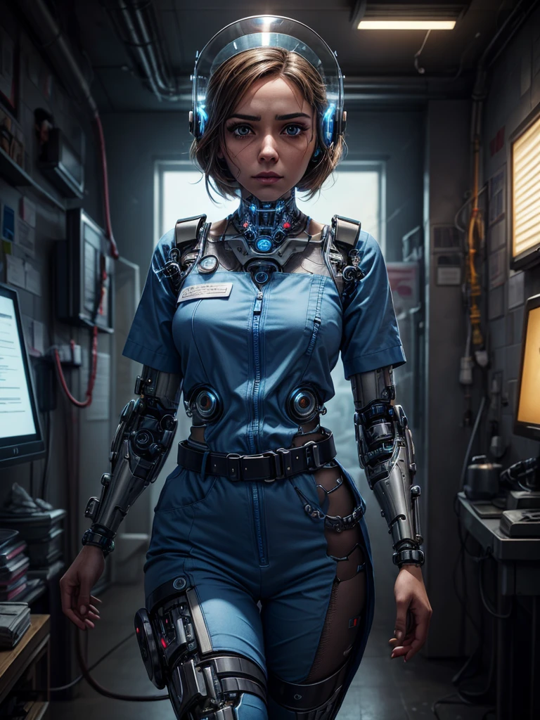 Cinematic Waist Up Portrait of modest Palestinian female cyborg nurse in a small city clinic, wears cybernetic clear full faceshield, detailed face, detailed cybernetic enhanced blue retinas, insanely detailed and intricate scene and cybernetic limbs, donning field medic jumpsuit, ultra high resolution, octane render, octane lighting