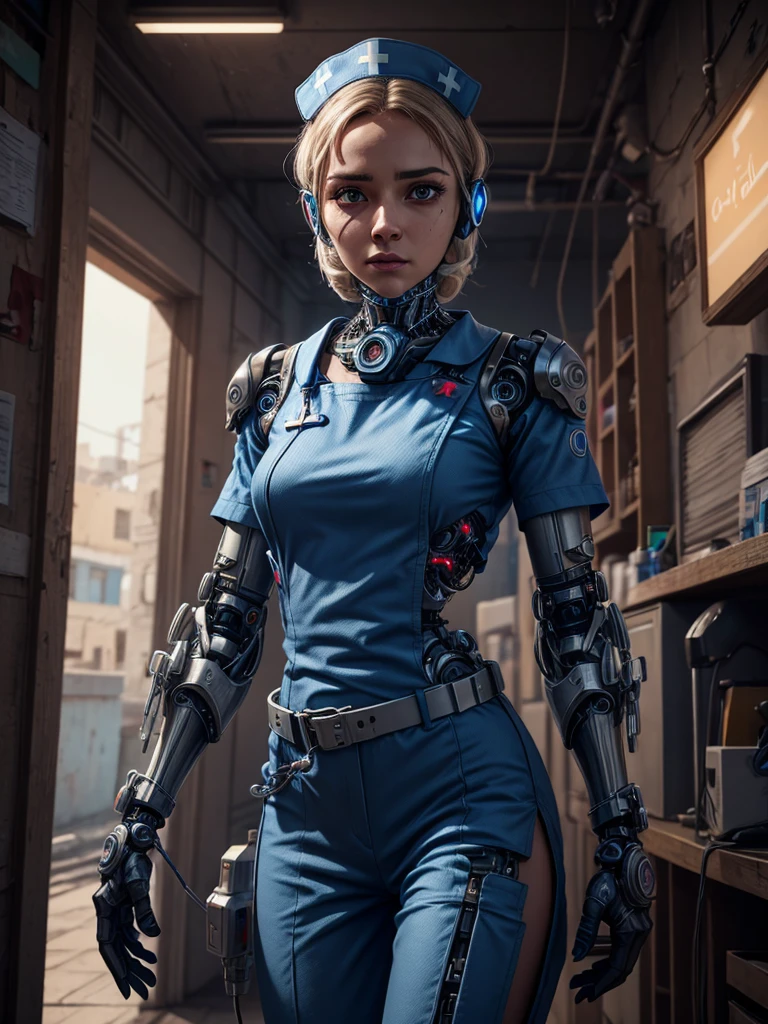 Cinematic Waist Up Portrait of modest Palestinian female cyborg nurse in a small city clinic, wears cybernetic clear full  faceshield, detailed face, detailed cybernetic enhanced blue retinas, insanely detailed and intricate scene and cybernetic limbs, donning field medic jumpsuit, ultra high resolution, octane render, octane lighting