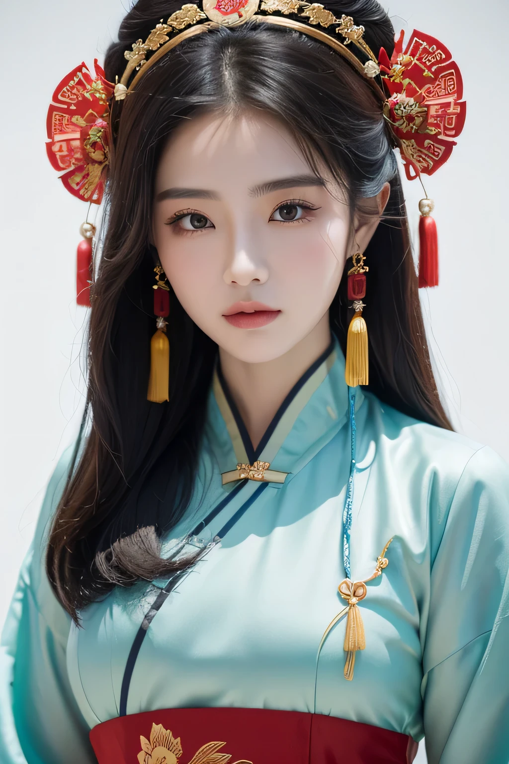 Close-up of woman wearing traditional Chinese headdress，palaces，A girl in Hanfu，Princesa chinesa antiga，Wearing ancient Chinese costumes，Red wedding dress，China Princess，ancient chinese beauti，Inspired by Qiu Ying，Chinese traditional，Inspired by Lan Ying，Traditional beauty，Chinese，ChineseGirl，Inspired by Guo Xi，Chinese woman，Inspired by ancient coins，hyper HD，Details are perfect，The picture is real，extreme picture quality，Perfect character structure，super wide shot，dynamic angle，highest accuracy，8K分辨率，Dark Dark Shadows，8K ，hyper HD，8K HD-ar 9：16 v1 ， street frontage