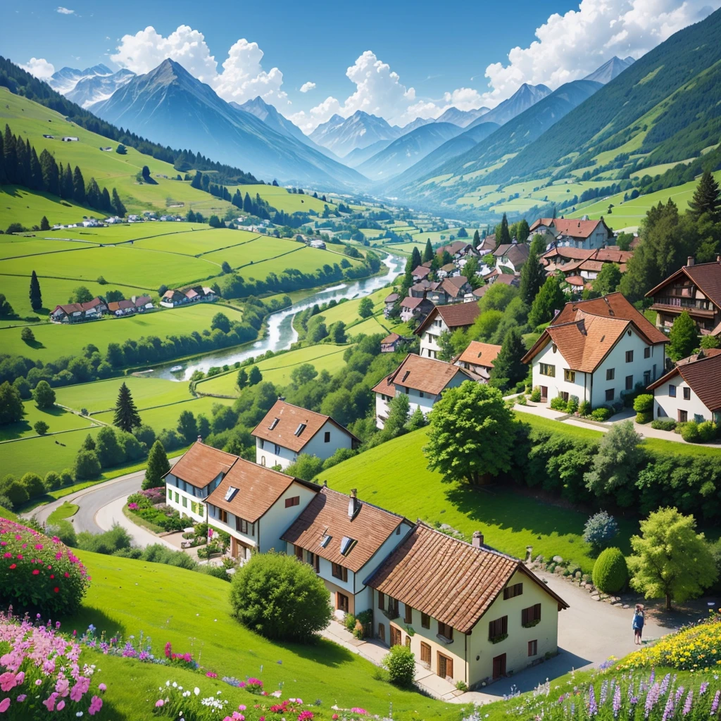Peaceful and idyllic countryside, Rolling green hills dotted with grazing sheep, Charming villa,Set amidst vibrant flowers, Clear blue sky overhead, Evokes a sense of peace and simplicity, Valle encantador, switzerland, patches of green fields, lush countryside, Valle exuberante,An idyllic village in Milan,,verdant green fields,above a village,Rolling terraces,Colorful garden of flowers and plants,Alpine scenery in the Swiss countryside under the Alps,Carl Sessel Bern,Majestic nature, Swiss architecture, lindo cenario, rios,waterfallr