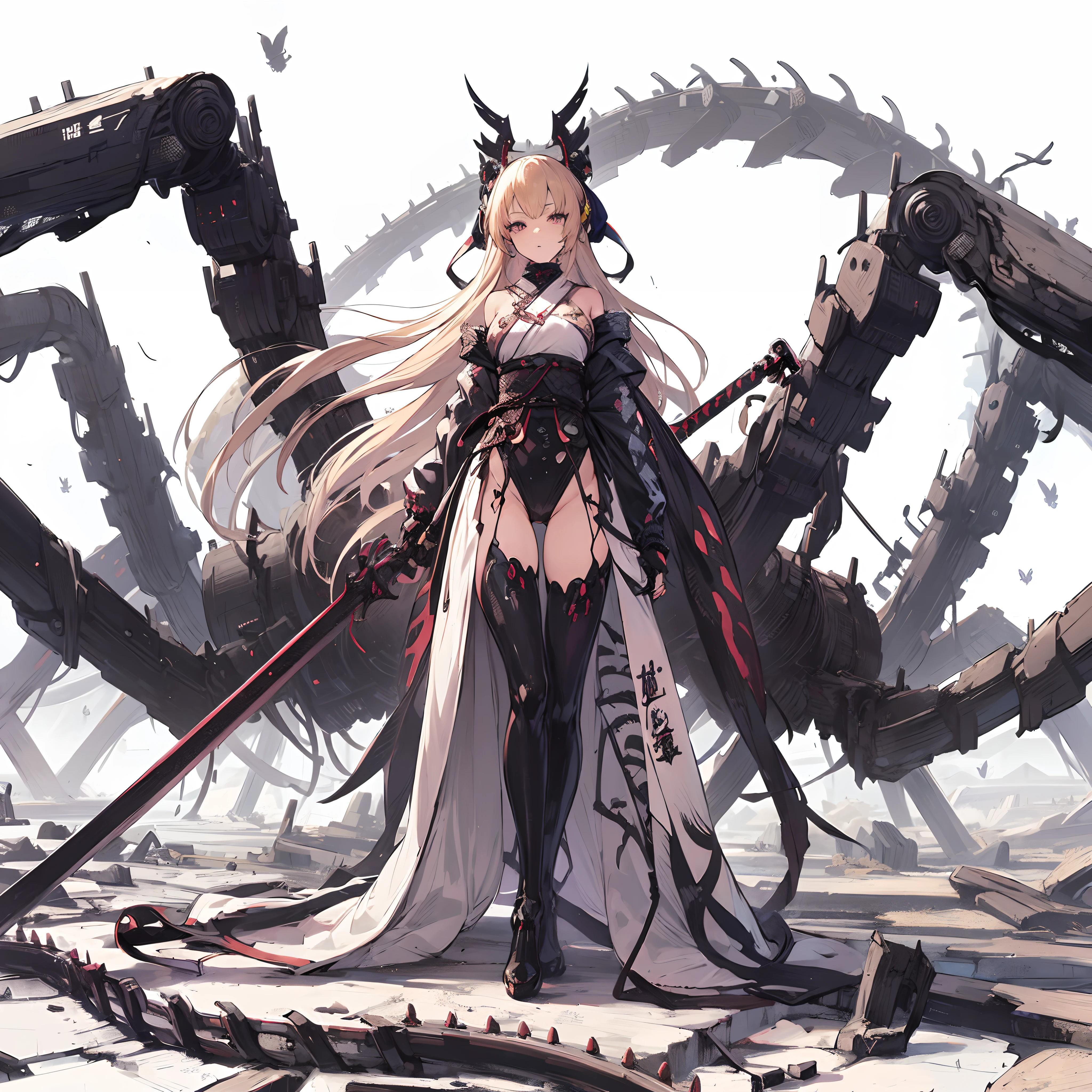 (masutepiece, Best Quality), (Perfect female body:1.2), Ultra-detailed, Anime style, Solo, Wearing a Priestess Cyber Dress、With a huge giant sword, Cyberpunk Ninja Girl, ash blond hair, Huge many branched centipede tails, White background, Whole body. Standing in the wasteland